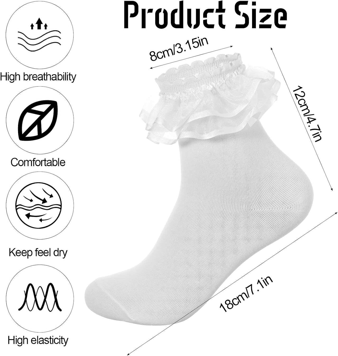 1 Pairs White Frilly Socks for Women, Ruffle Ankle Sock Turn-Cuff Lace Ankle Sock Comfortable Cotton Princess Socks