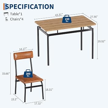 IDEALHOUSE 5 Piece Dining Room Table Set, Kitchen Table Set for 4 with Brown Wooden Grain Kitchen Table and 4 PU Upholstered Metal Chairs, Dining Room Set for Small Space,Home Dinner(4 Brown Chairs)