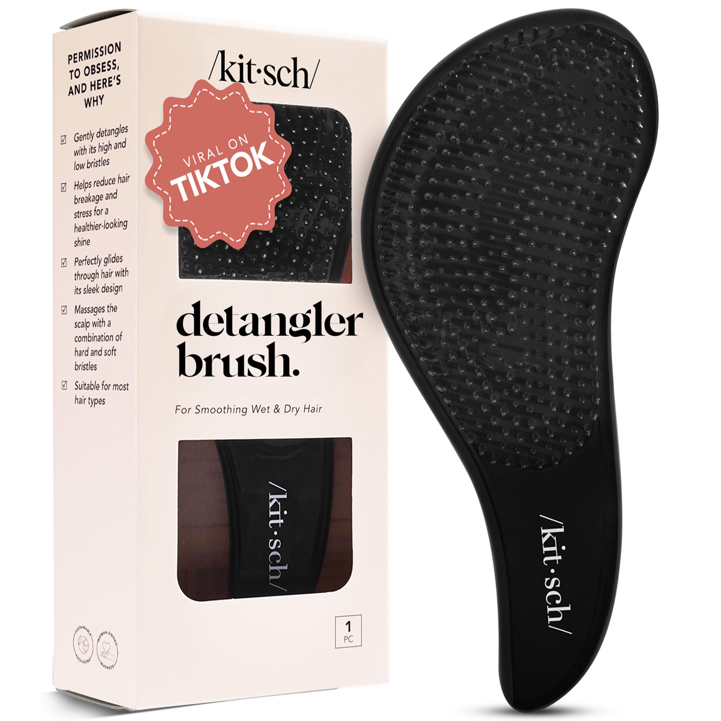 KitschDetangler Brush – Gentle Curly Hair Brush with Flexible Bristles for All Hair Types - Wet or Dry | Detangling Hair Brushes for Women & Men, Adults & Kids - Black