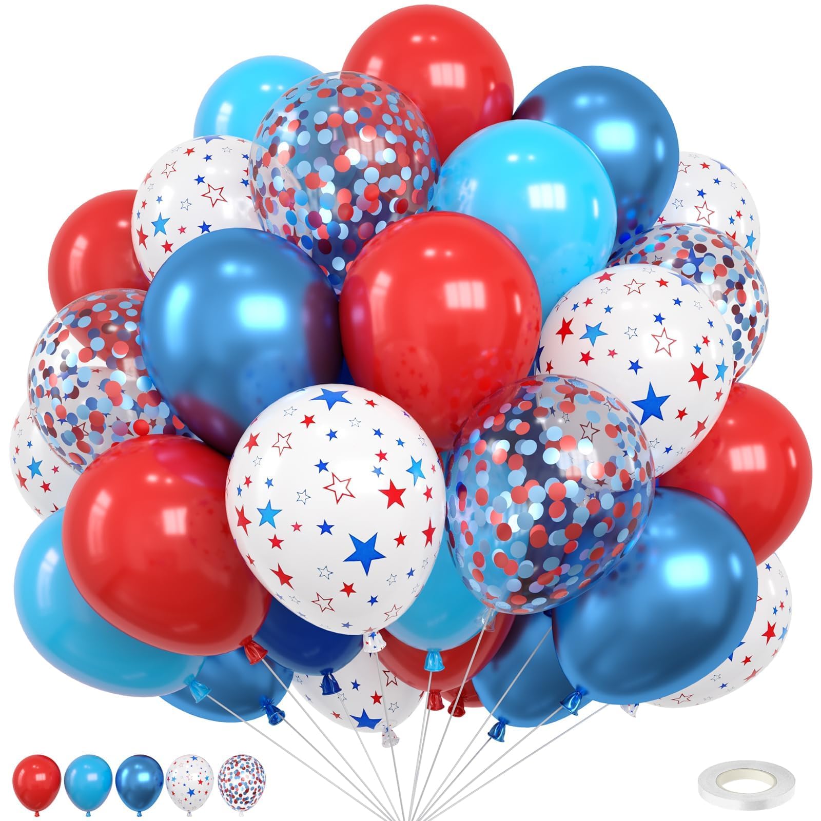 Red Blue White Balloons,12 Inch Star Printed Red White and Blue with Confetti Balloons for Birthday Independence Day Patriotic Anniversary 4th of July