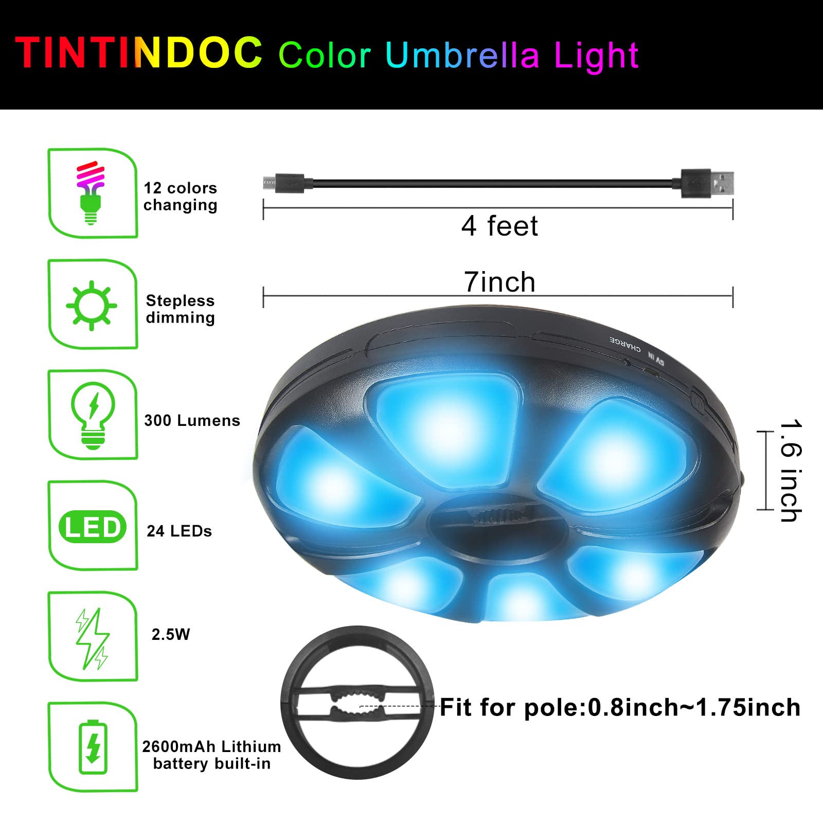 Lampe de parasol colorée avec télécommande pour parasol de terrasse rechargeable/pile AA 300 lumens/intensité variable en continu pour table de patio