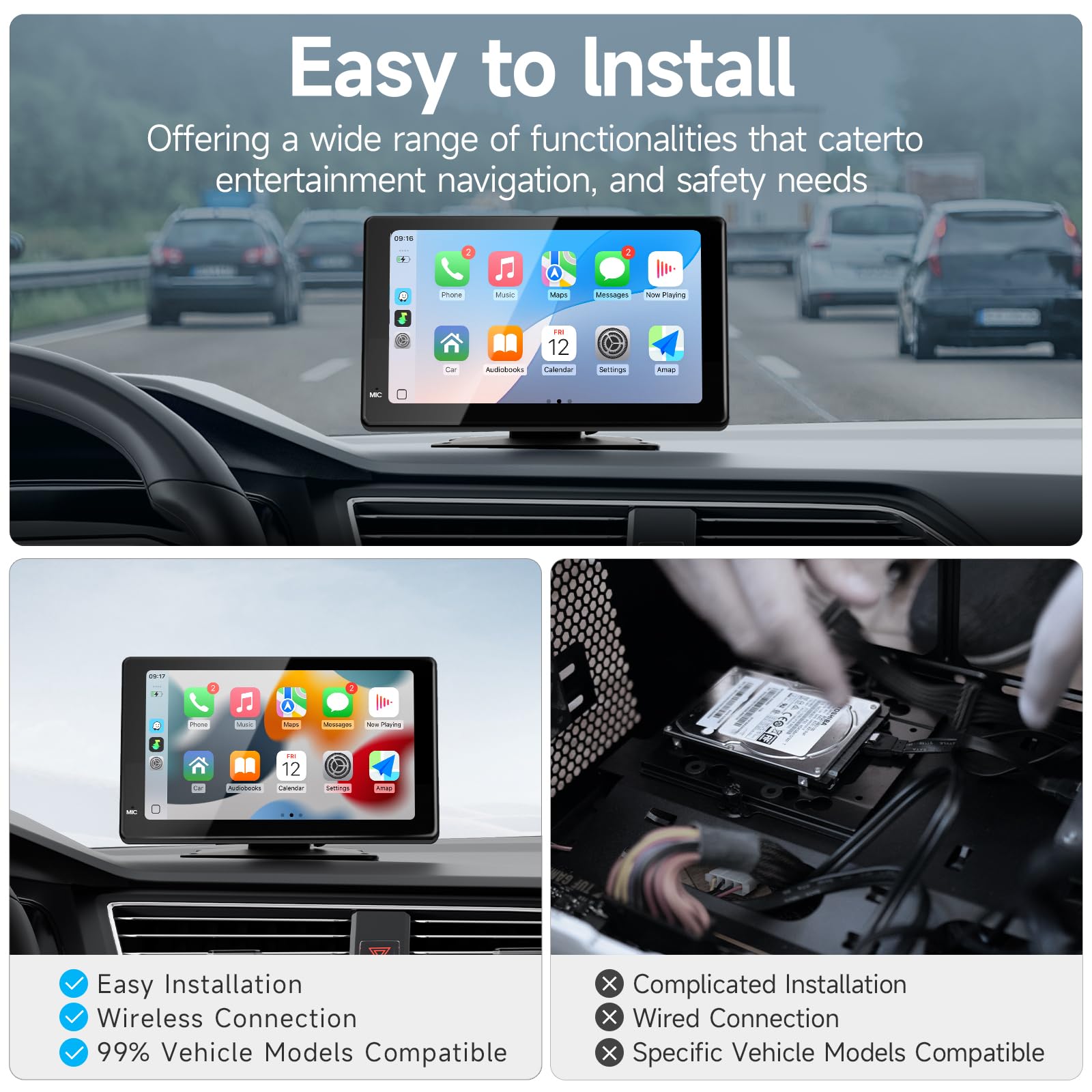 Haudio Car Stereo 7Calowy Ekran Carplay dla Apple i Android Auto,Przenośny Odtwarzacz Samochodowy Tylną Kamerą 1080P,Odtwarzacz Samochodowy ze Sterowaniem Głosowym i Mirro Link do Wszystkich Pojazdów