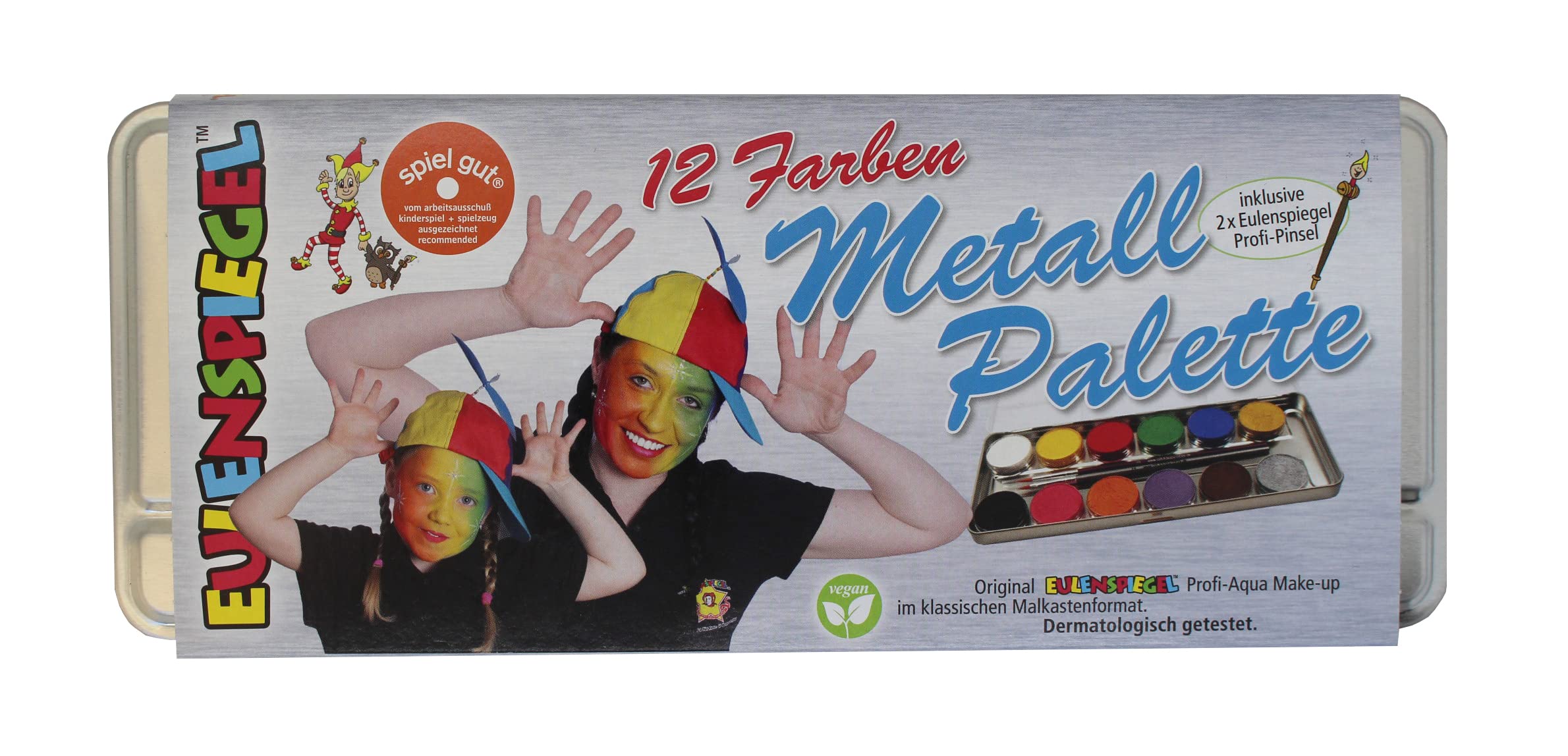 Eulenspiegel 212004 - Profi-Aqua Schminke, 12 Farben, 2 Profi-Pinsel, Metall-Palette