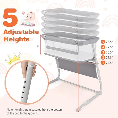 Miniatura 3 de BABY JOY Moisés, cuna de noche con altura ajustable, cómodo colchón, laterales de malla completa y bolsillos de almacenamiento para recién nacidos