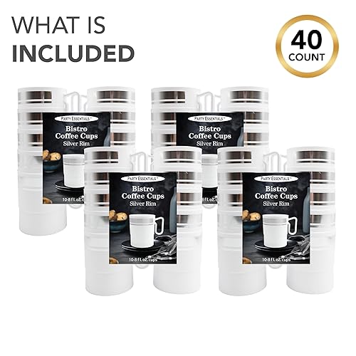 Miniatura 3 de Party Essentials Bistro - Taza de café de plástico duro con asa, 40 unidades, 8 onzas, color blanco con borde plateado