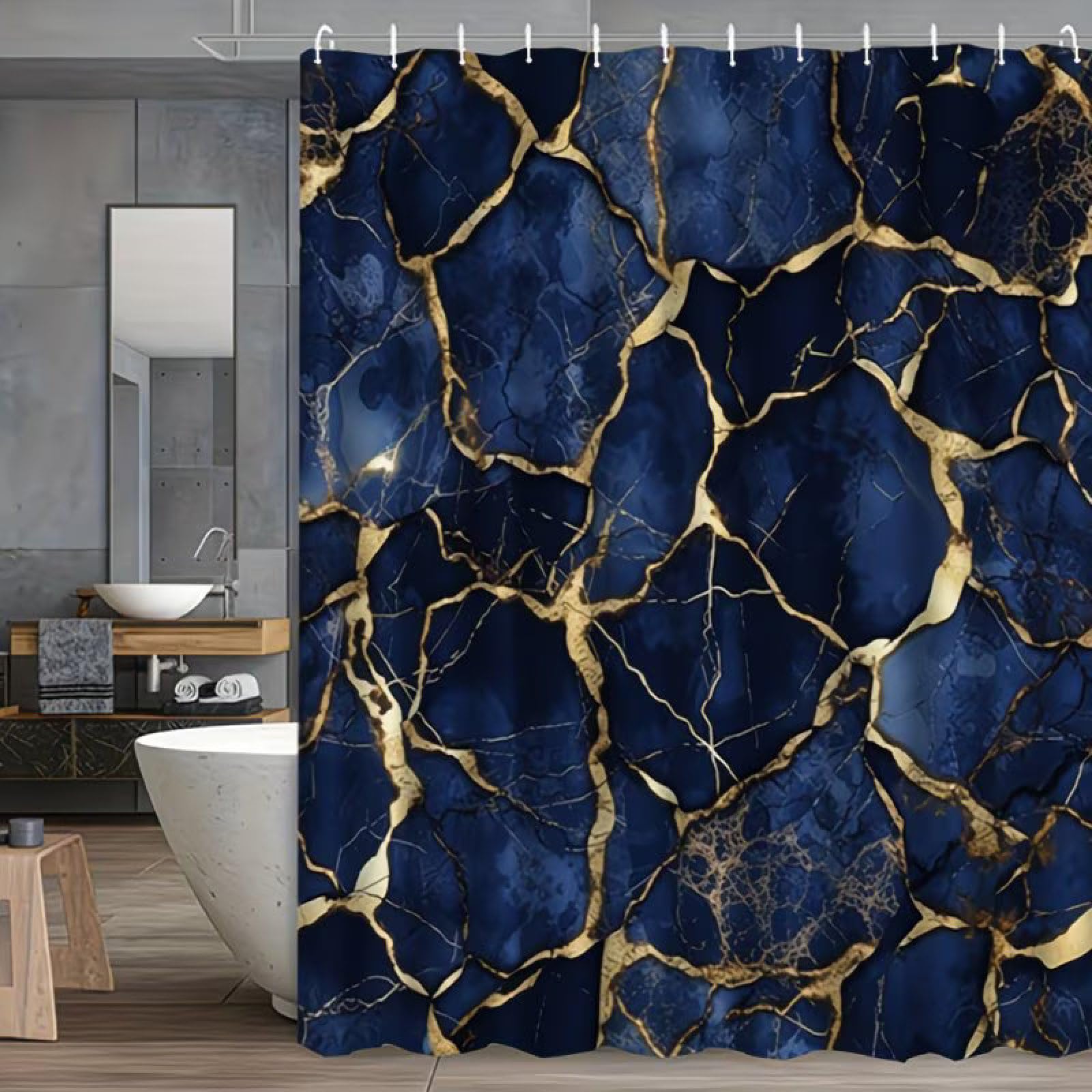 Shower Curtains Golden Blue Marble Wet Room Shower Curtain Mould Proof Resistant Waterproof Polyster Fabric Washable with 12 Hooks Garden Bathroom Curtains (180x180cm)