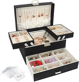 Schmuckkasten, Schmuckkästchen mit Schubladen für Damen Mädchen, PU-Leder Jewelry Box Schmuckbox Schmuckschatulle Groß Schmuckaufbewahrung für Ringe Ohrringe Armbänder Halsketten, Schwarz