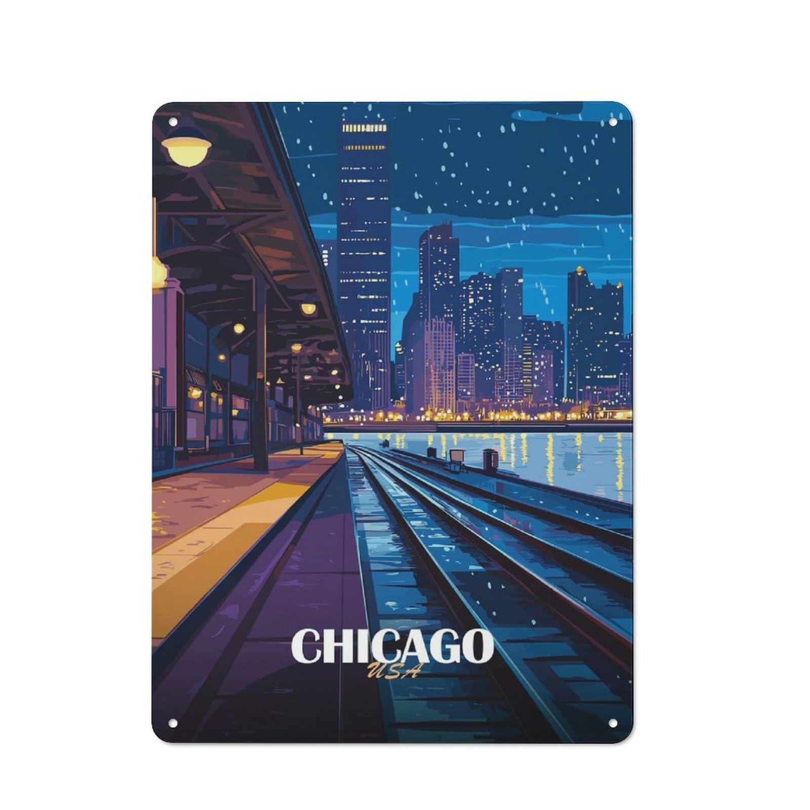 Junmoney Style-9 Chicago Cityscape At Night Retro Metal Sign 40X30cm For Garage Or Workshop, With Clear Retro Wall Decor Character