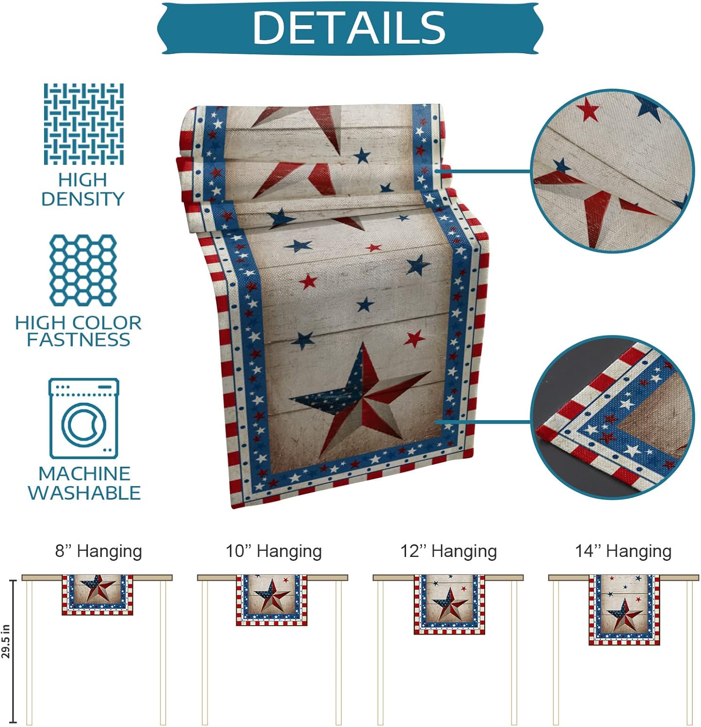 4th of July Table Runner 120 inches Long Freedom Stars Independence Day Rustic Wood Patriotic Coffee Table Runner for Kitchen/Dining Runners for Party Decor Dresser Scarve Tabletop Decoration 13x120in