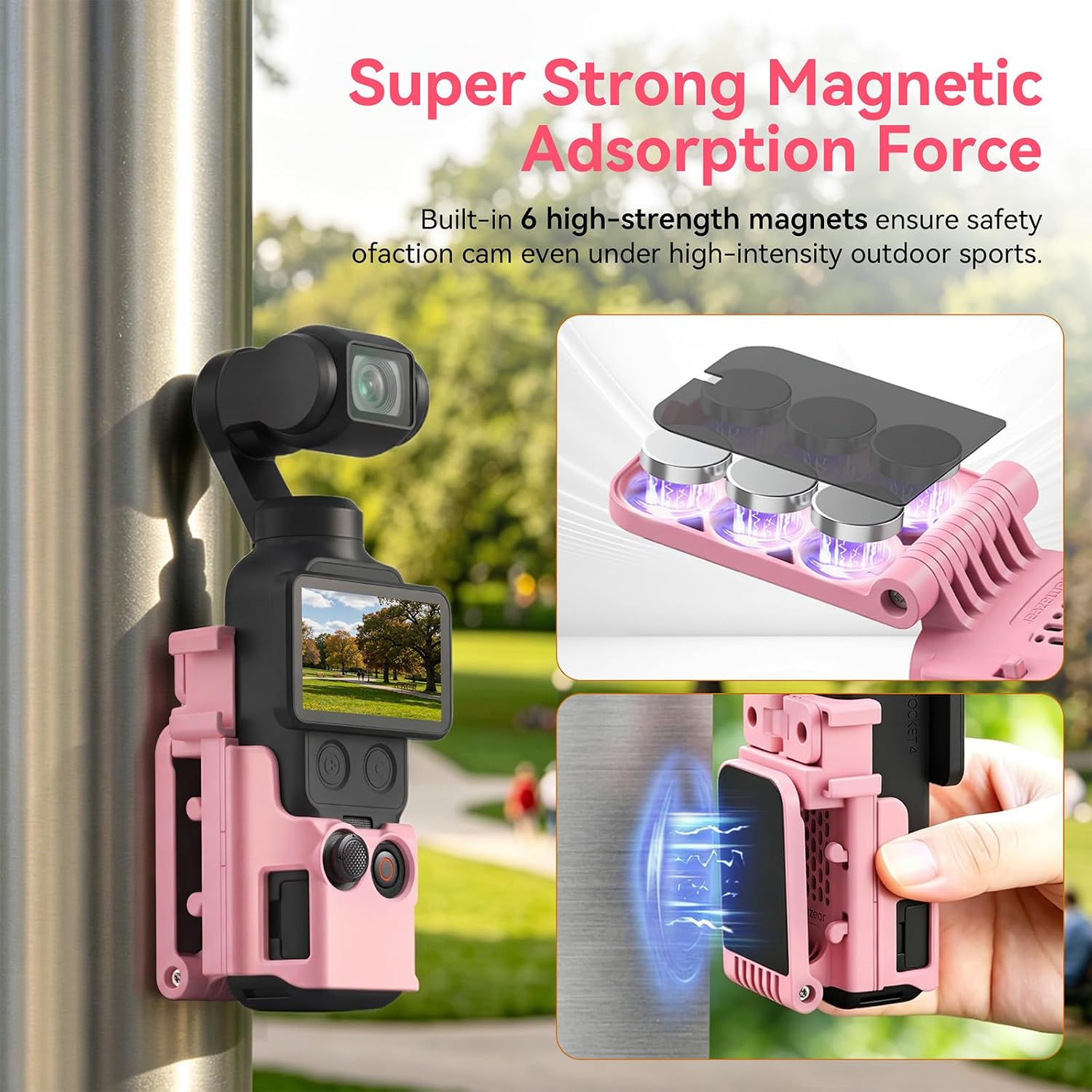 AMAZEAR Magnetic Mount Stand Compatible with DJI Osmo Pocket 4P/4/3/Xtra Muse, Pocket4 Accessories Adapter Clamp Magnet Suction Case Holder on Desktop/Vertical Surface, 180° Adjustable Handle, Pink