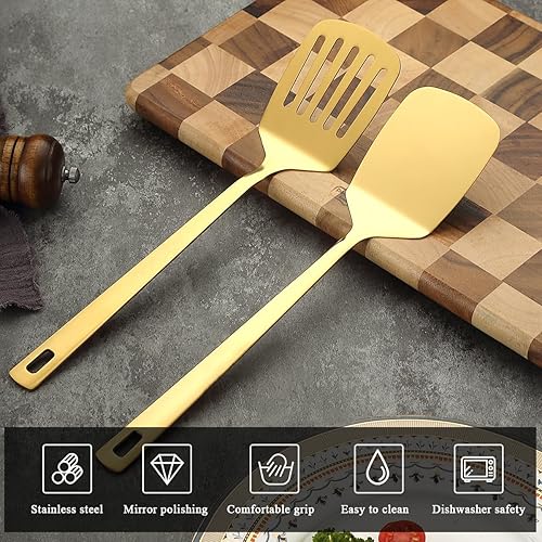 Miniatura 6 de Kyraton - Juego de 2 espátulas doradas de acero inoxidable, espátulas de metal, espátulas sólidas de cocina, juego de utensilios de cocina de