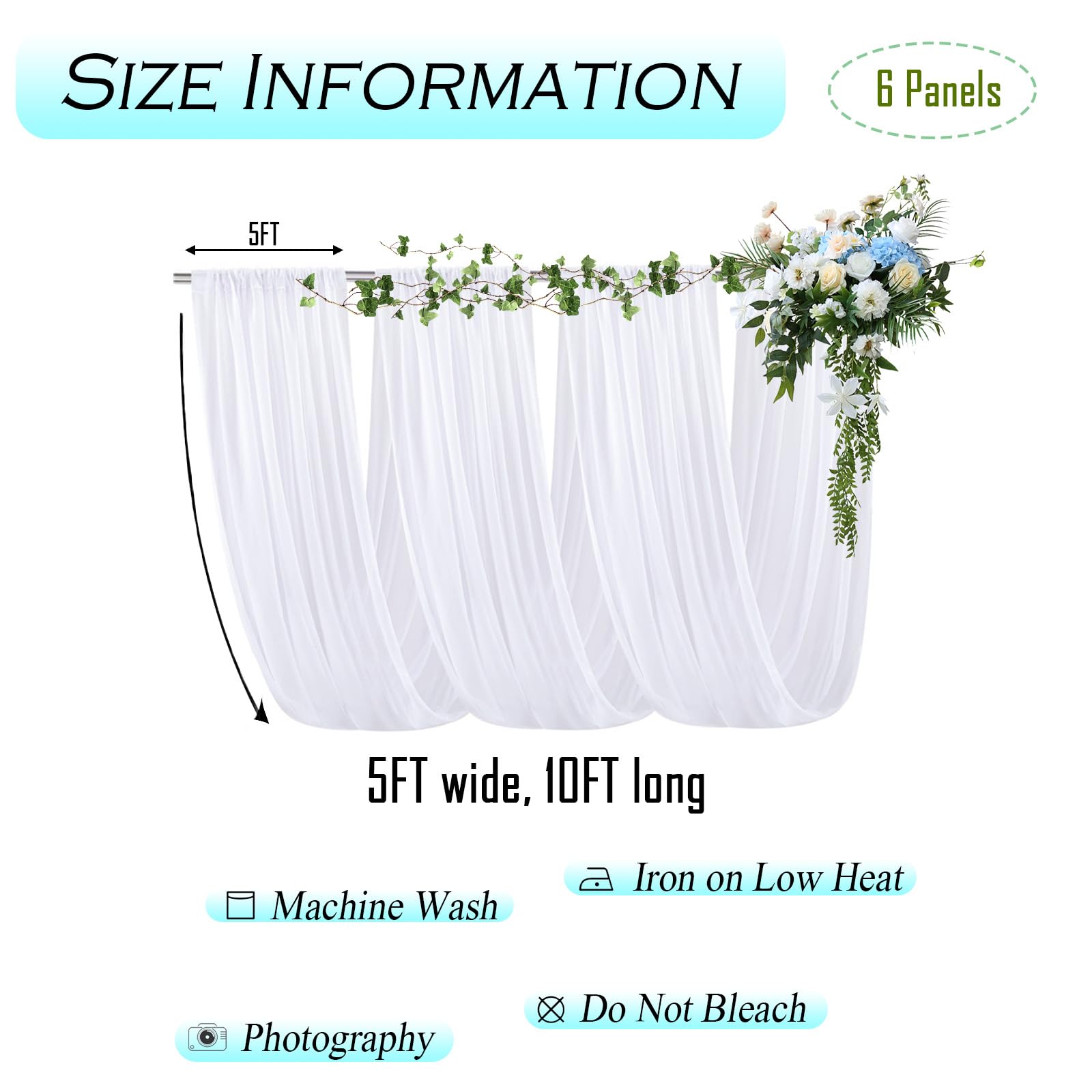 Deckenvorhänge für Hochzeiten, weiß, 6 Paneele, 15,2 x 3 m, Hochzeitsbogen-Drapierstoff, durchscheinende Vorhänge, Chiffon-Stoff, Hochzeitsvorhänge, Tüll, durchscheinende Vorhänge für Party,