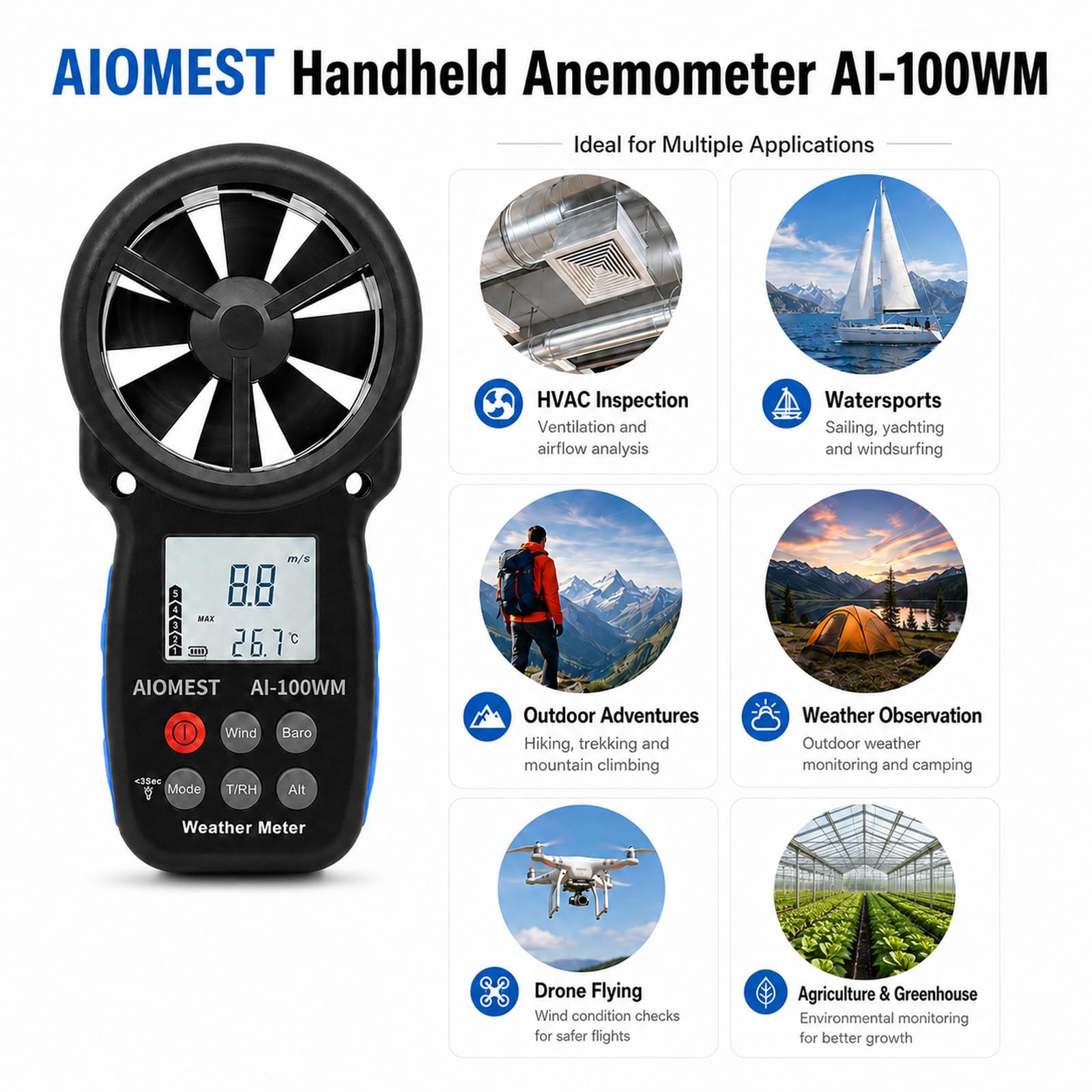 Anémomètre Numérique avec Baromètre Altimètre, AIOMEST Station Météo 100WM