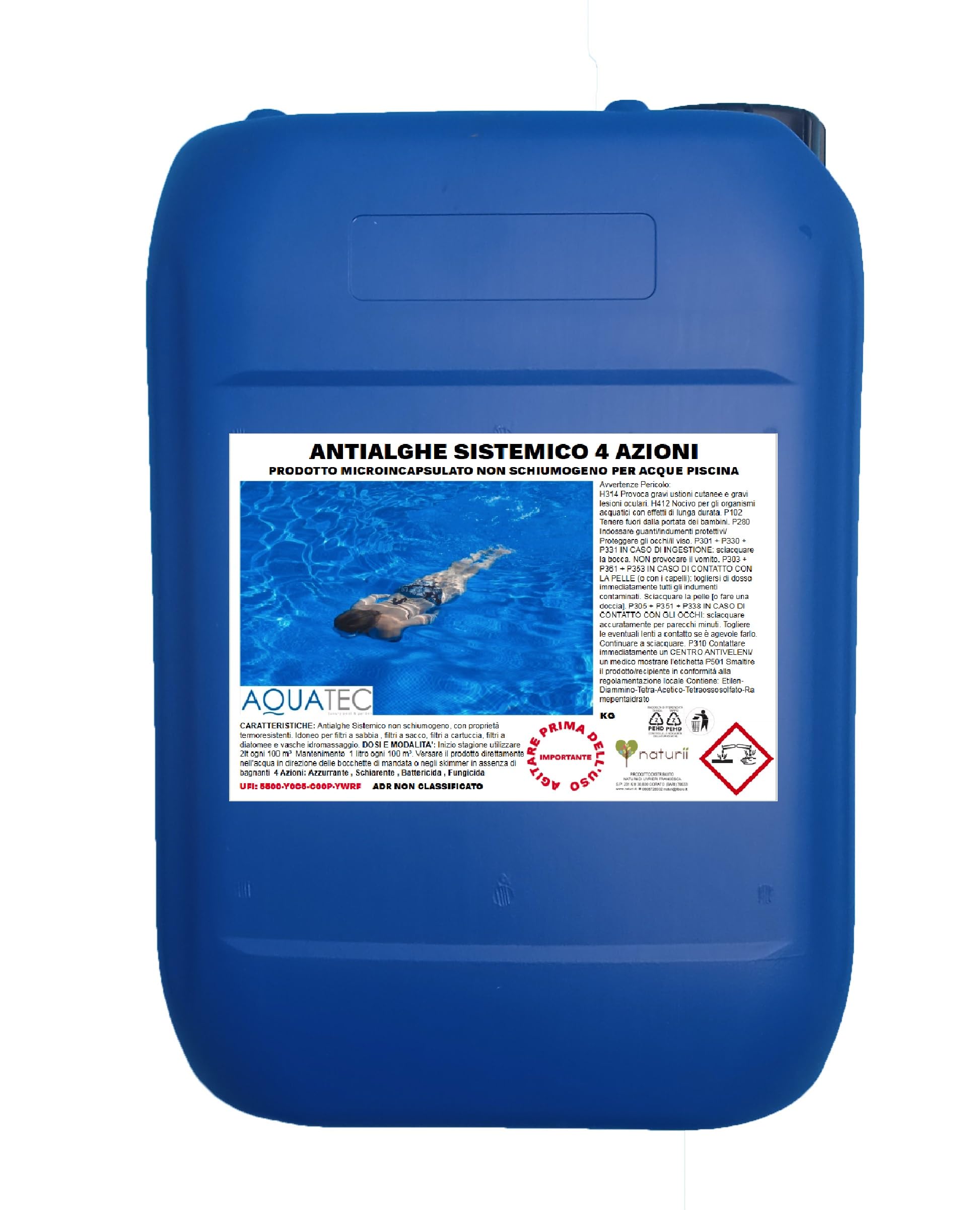 kg 25 Aquatec Antialghe Piscina Sistemico Microincapsulato Non Schiumogeno e Termoresistente Azzurrante, Schiarente, Fungicida Adatto per Tutti i Filtri Piscina e Vasche Idromassaggio