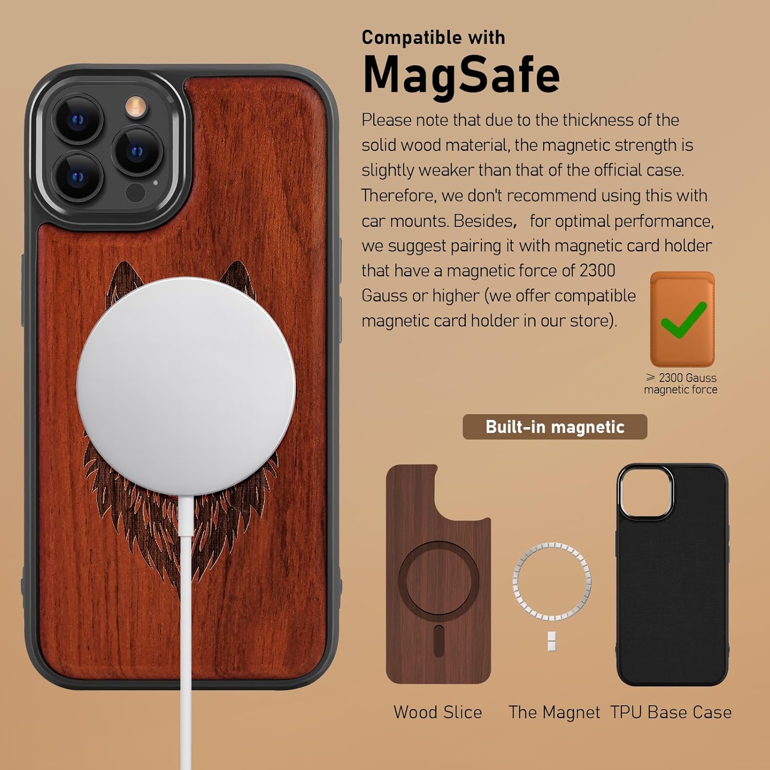 Magnetic Wood Case for iPhone 14 Case/iPhone 13 Case Natural Wood I Metal Lens Frame Protection I Unique & Classy Wooden Shockproof Protective Cover Compatible with magsafe-Rose Wood-Wolf