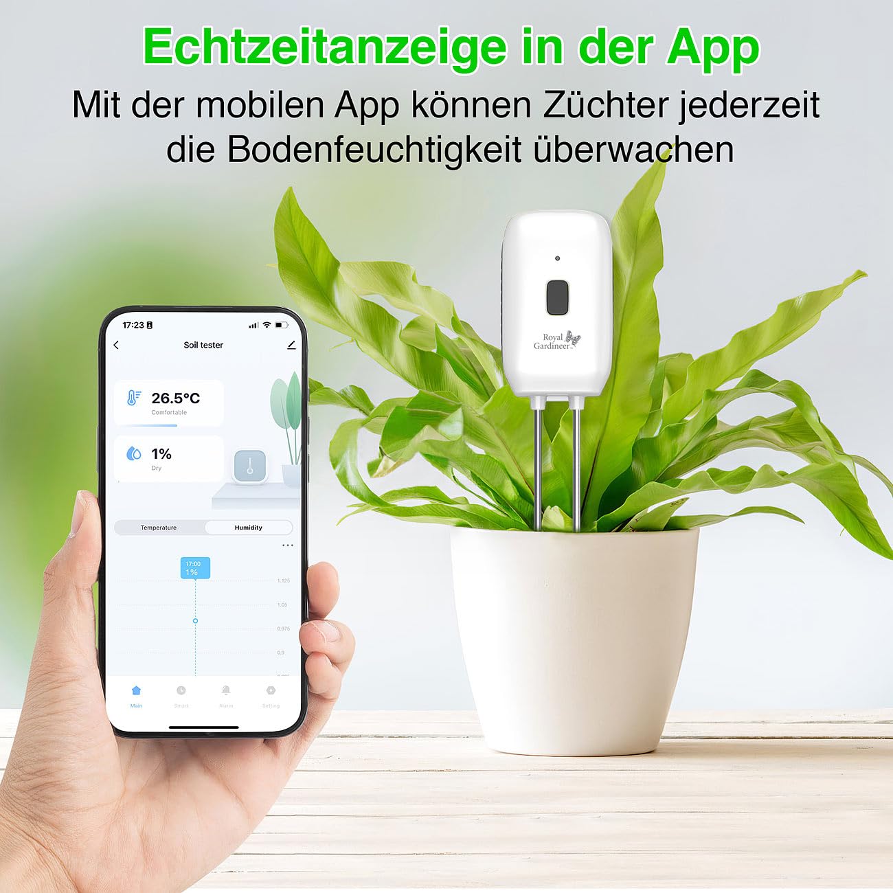 Royal Gardineer Bodenfeuchtigkeitssensor: 4er-Set Boden-Feuchtigkeits-&Temperatur-Sensoren mit WLAN-Gateway, App (Boden Feuchtigkeitsmesser WLAN, Bodentemperatur Sensor, Thermo)
