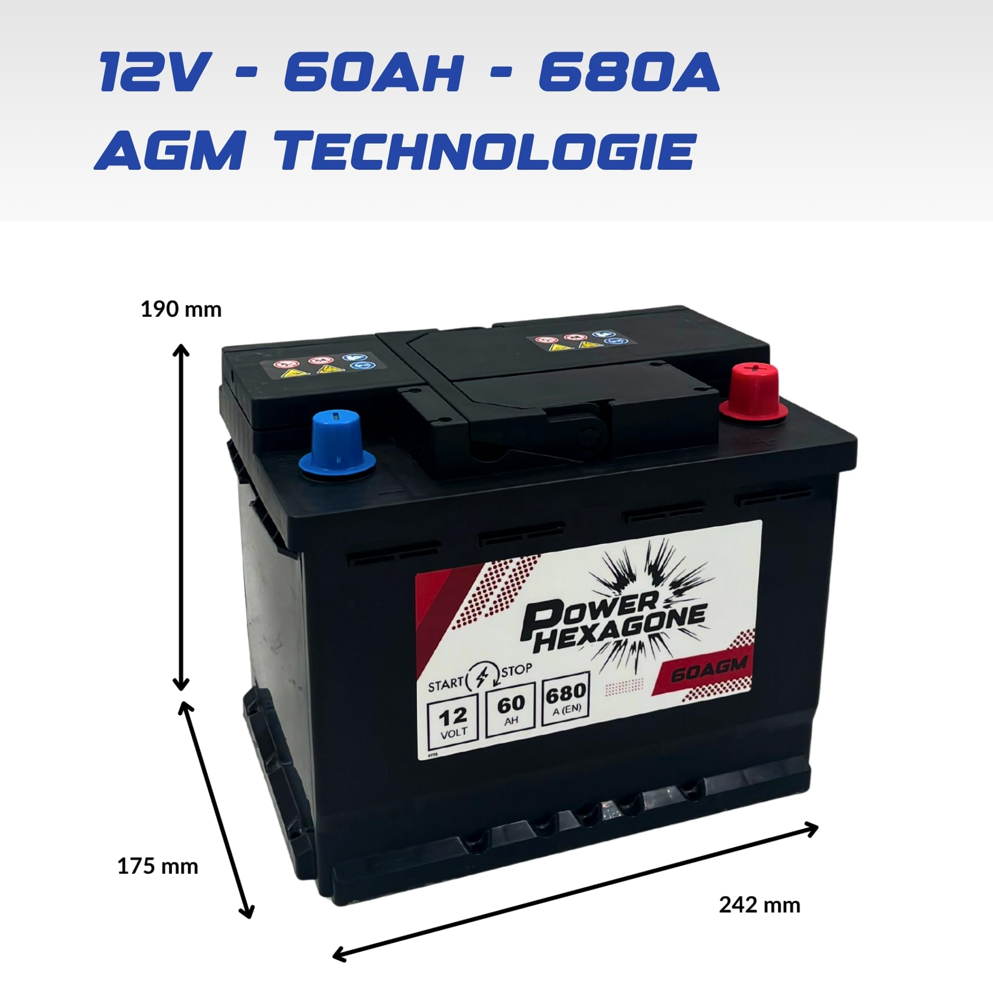 Batterie voiture 12V 60Ah AGM Start & Stop - 540A au démarrage - Batterie auto sans entretien - Format compact pour véhicules modernes - Remplacement origine - Power Hexagone