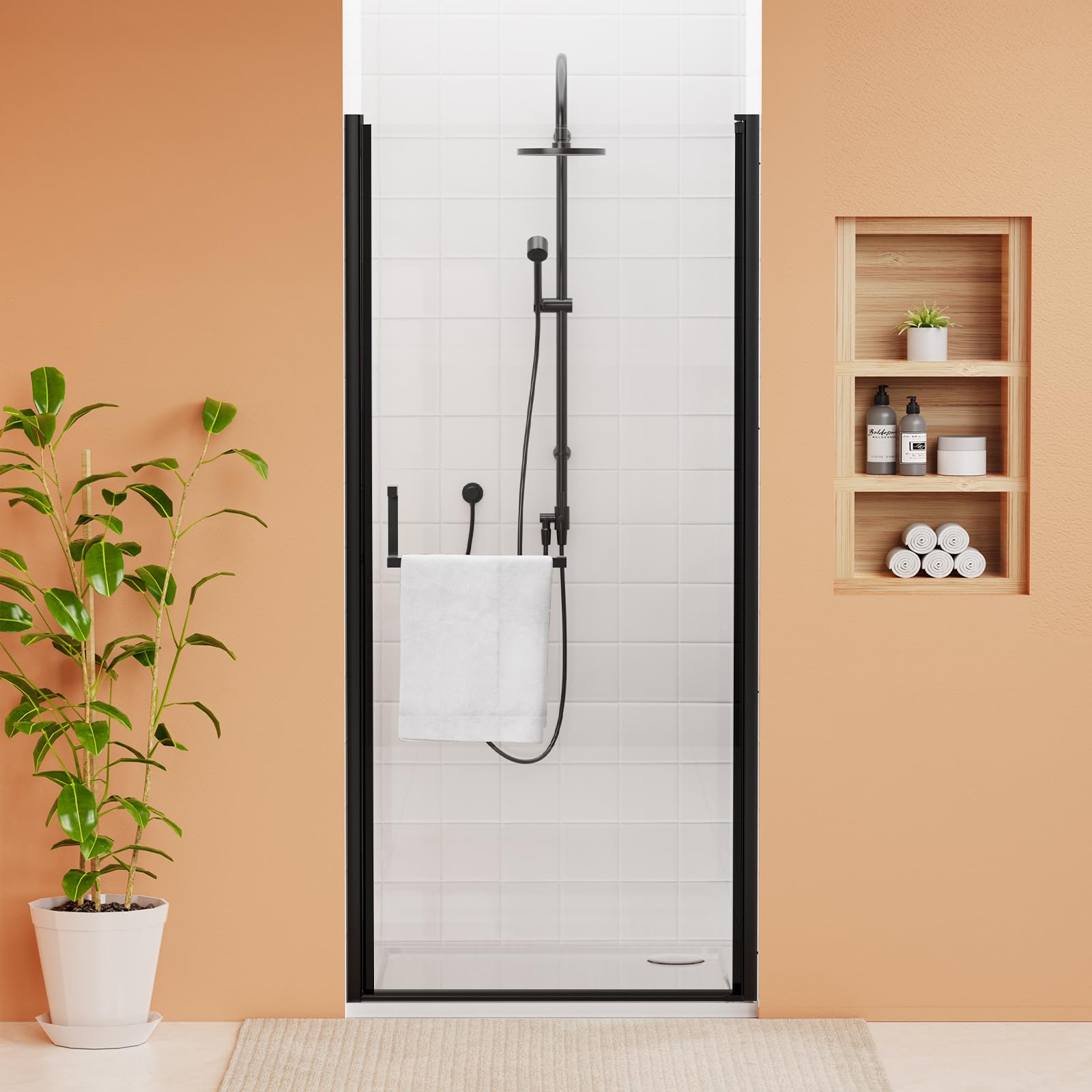 Pivot Glass Shower Door 32-33.2" W x 72" H, Frameless Swing Bathroom Door, 1/4''(6mm) SGCC Tempered Glass, Explosion-Proof Film, Nano Coating, Reversible Installation, Matte Black