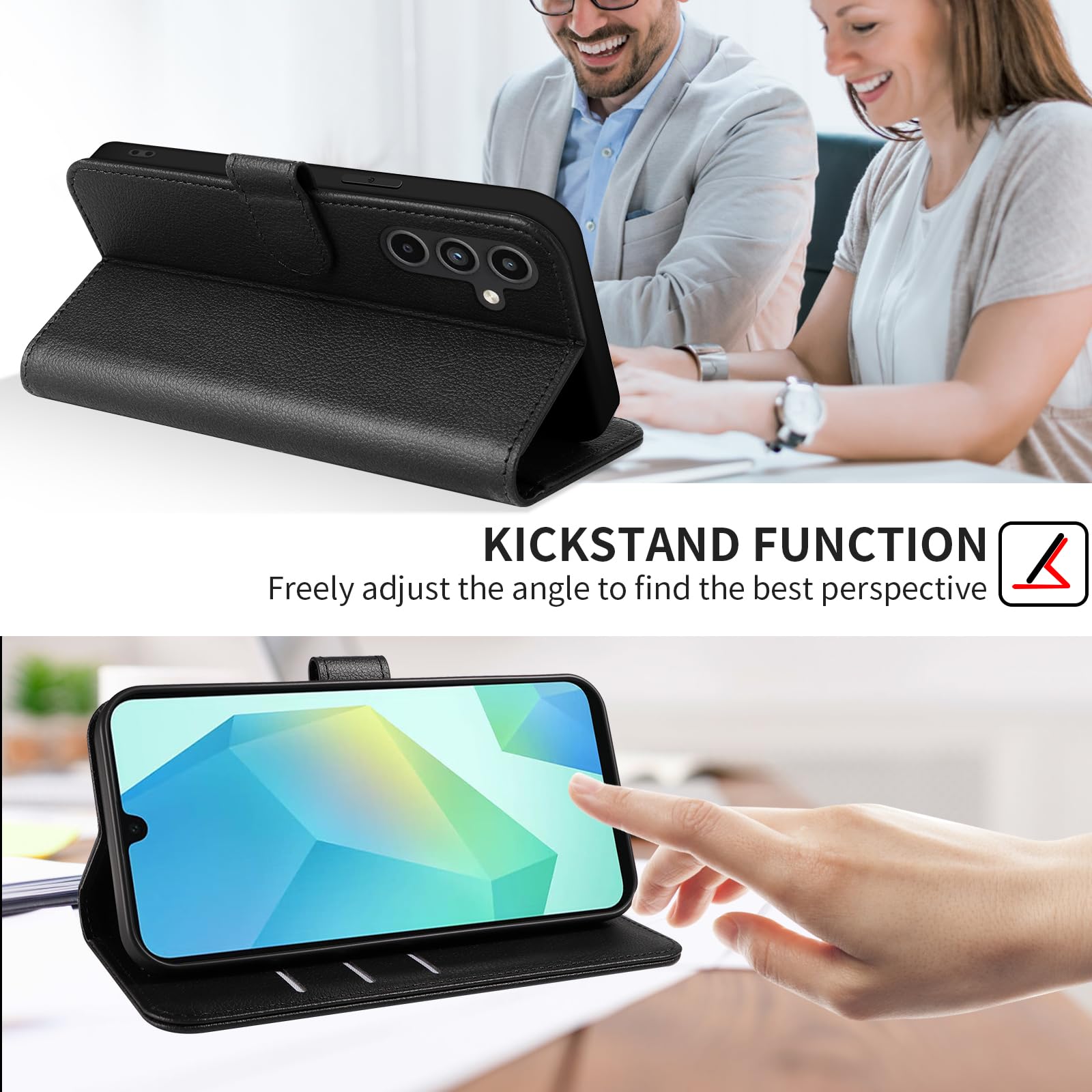 Cover per Samsung Galaxy A16 5G/4G Custodia con 2 Vetro Temperato Pellicola a Libro Portafoglio in Pelle Porta Carte Protettiva Flip Case,Nero