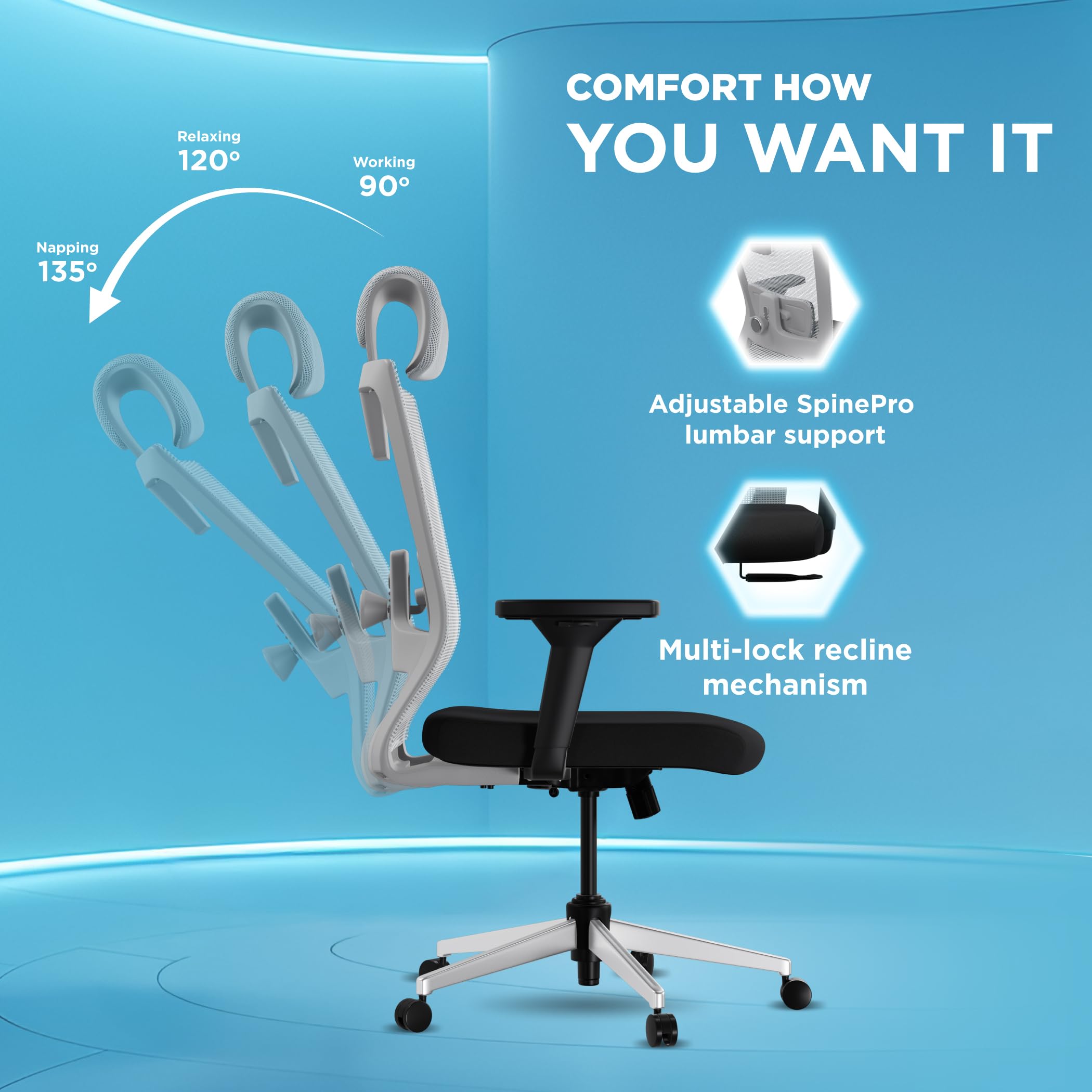 The Sleep Company Stylux Premium Ergonomic Office Chair | Patented SmartGRID seat | SpinePro Lumbar Support | Work, Home, Study | Adjustable Armrests Headrest | Free Installation| Grey
