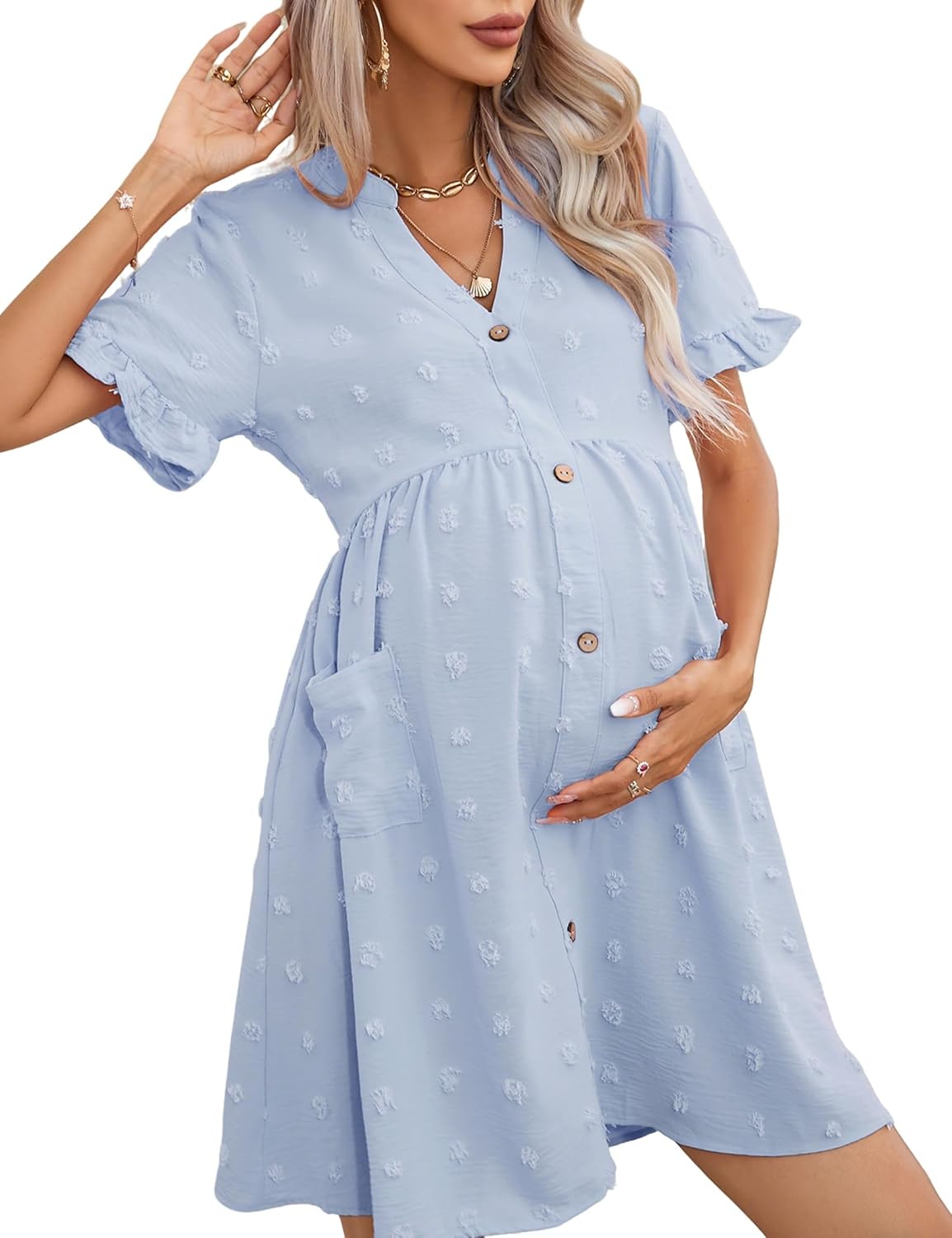 Maternity Dress v Neck Ruffle Short Sleeve Swiss Dot Photoshoot Mini Dress with Pockets