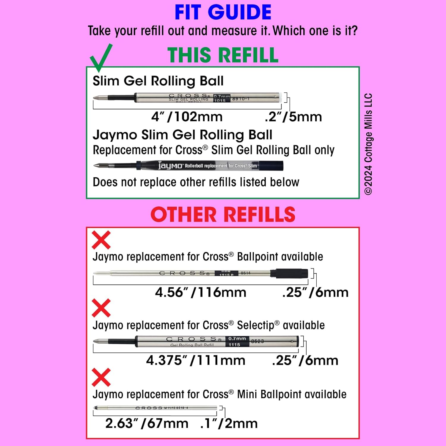 Jaymo Replacement for Cross Slim 8910-2 - Measures 4 in / 102 mm Long - Gel Rolling Ball Pen Refill - 12 Blue