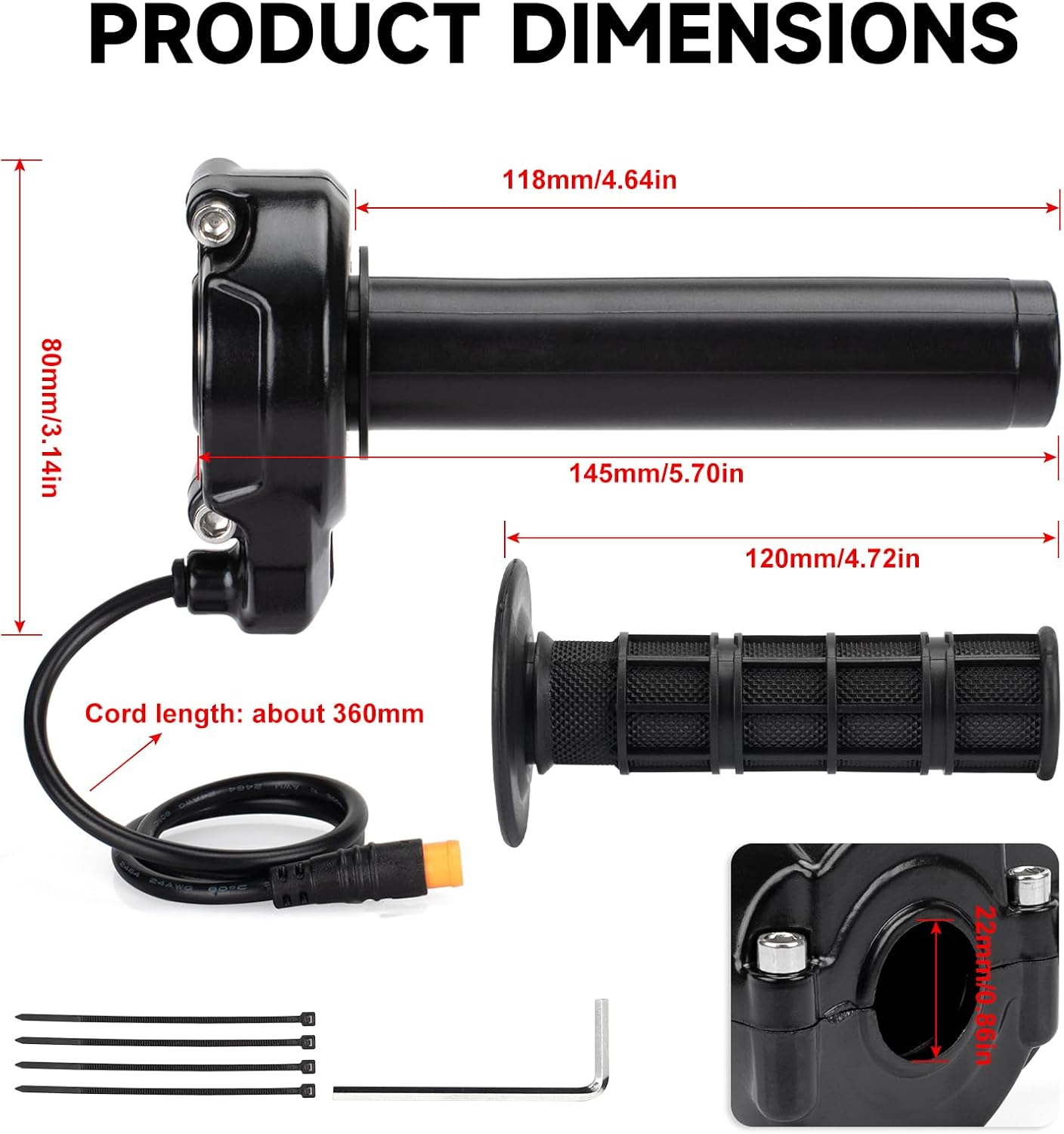 Ebike Full Twist Throttle 3 Pin Waterproof Throttle Grip Kit 12V-72V Quick Twist Throttle for Lectric XP4 MacFox X1 Electric Dirt Bike Scooter Mountain Bike Ebike Bicycle (Black)