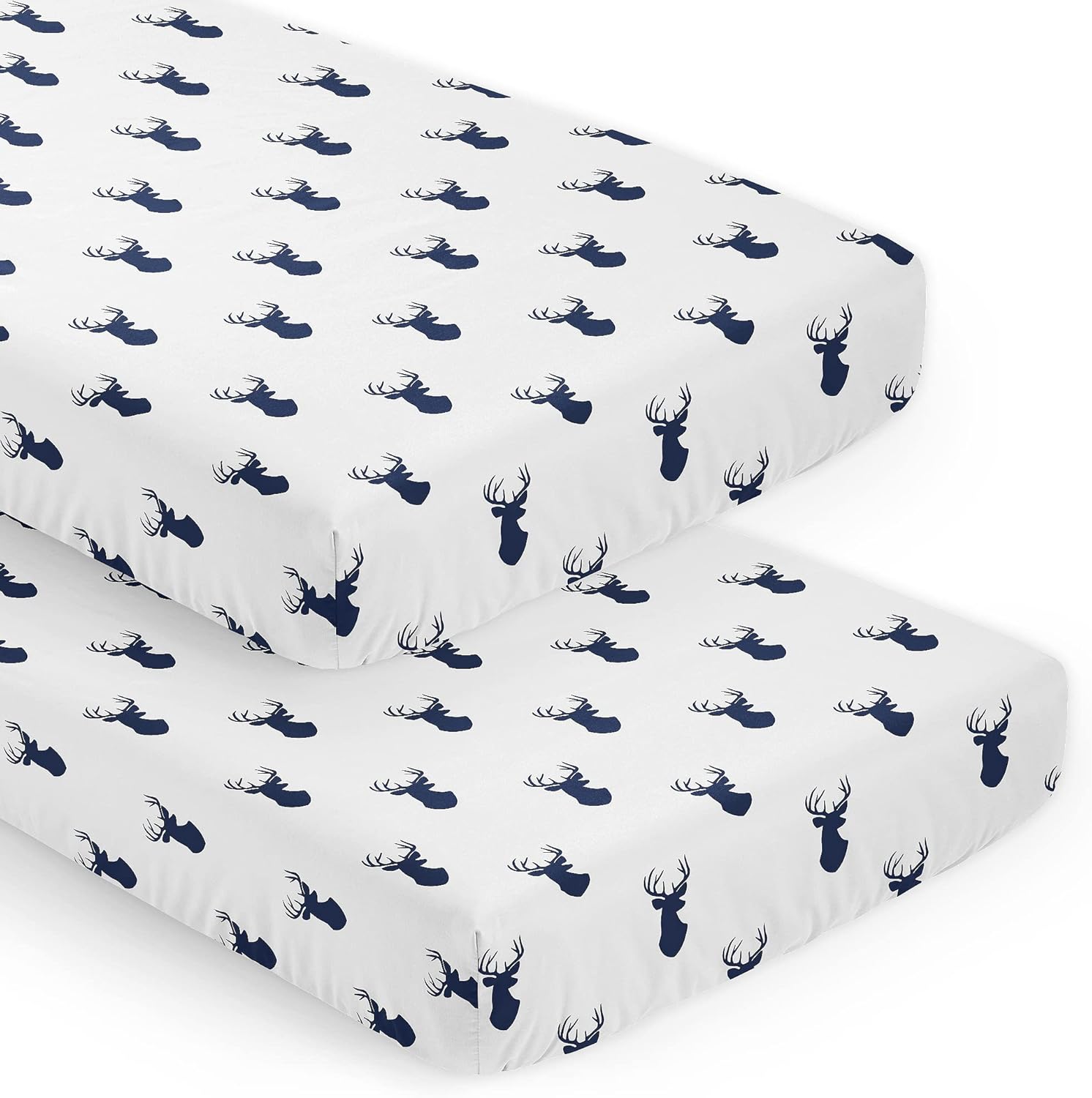 Sweet Jojo Designs 2-Piece Baby Crib Sheets Set (Woodland Deer) for Boys, Infant Nursery, Toddler Room -Fitted, Standard Size (Classic, Forest Animal, Stag, Antler, Minimalist, Navy Blue and White)