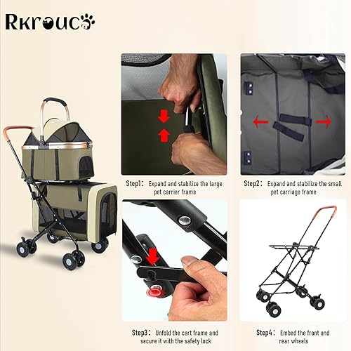 Miniatura 6 de Cochecito plegable doble para mascotas para perros, cochecitos portátiles para gatos para mascotas pequeñas y medianas con transportadores