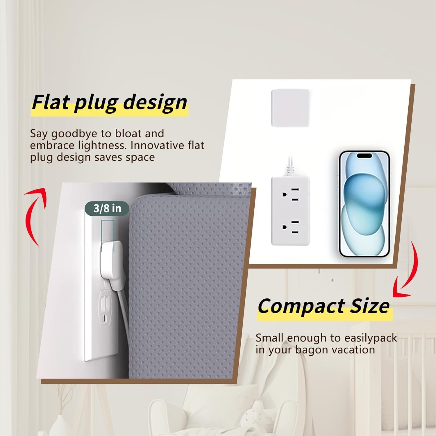 Flat Plug Power Strip, 5Ft Extension Cord with Multiple Outlets, 3 Sided Outlet Extender Charging Station, 6 Outlets Charging Ports, Wall Mount, for Home Office Travel Dorm Room (1pcs)