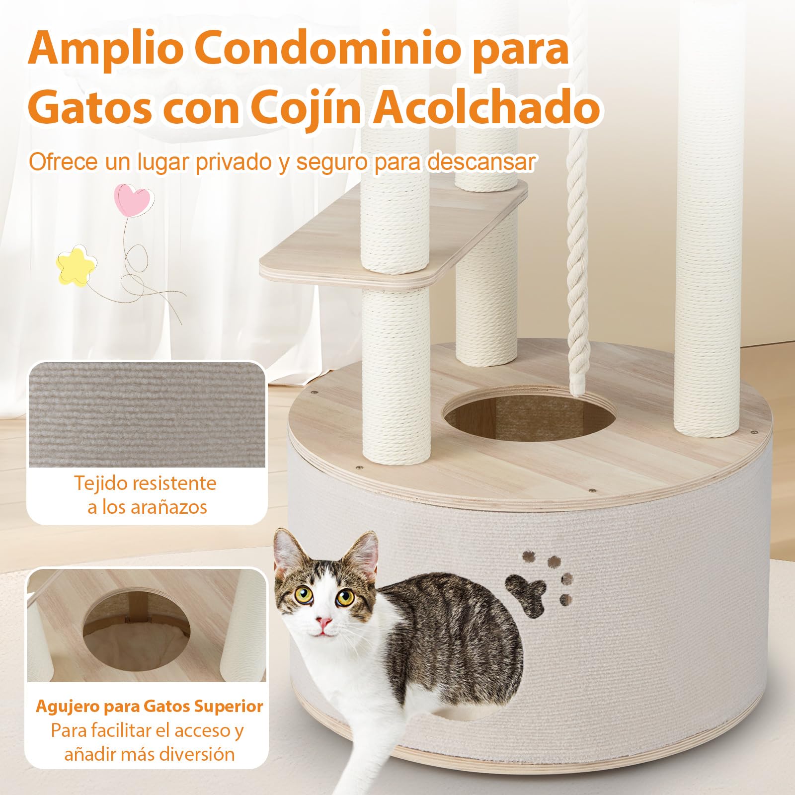 COSTWAY 141 cm Árbol Rascador para Gatos de Madera, Torre para Gatitos Multinivel con Condo, Cama Curvada, Hamaca, Postes Rascadores, Bola Colgante y Cuerda, Cojines Lavables, Castillo Gatos Interior