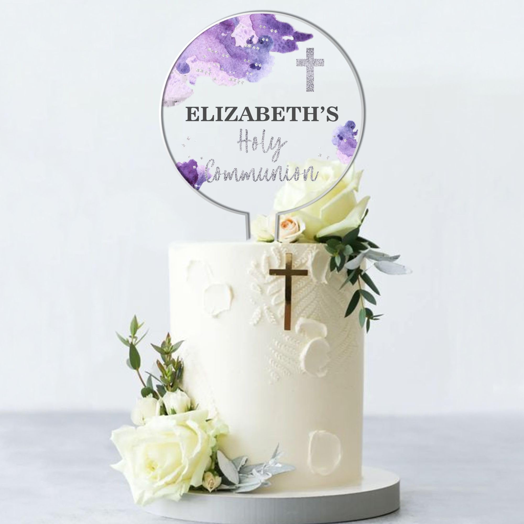 Personalised Religious Cake Topper – Custom Name & Occasion – Christening, Communion or Confirmation – Acrylic Watercolour Design with Cross Cake Decoration (Communion, Purple)
