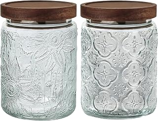 Vintage Glass Jar with Lid Airtight Candy Coffee Canister Food Storage Set | 24oz Decorative Container Set with Silicone-Sealed Bamboo Lid, Thick Glass BPA-Free, for Kitchen Stores Sugar Flour-2 Pack