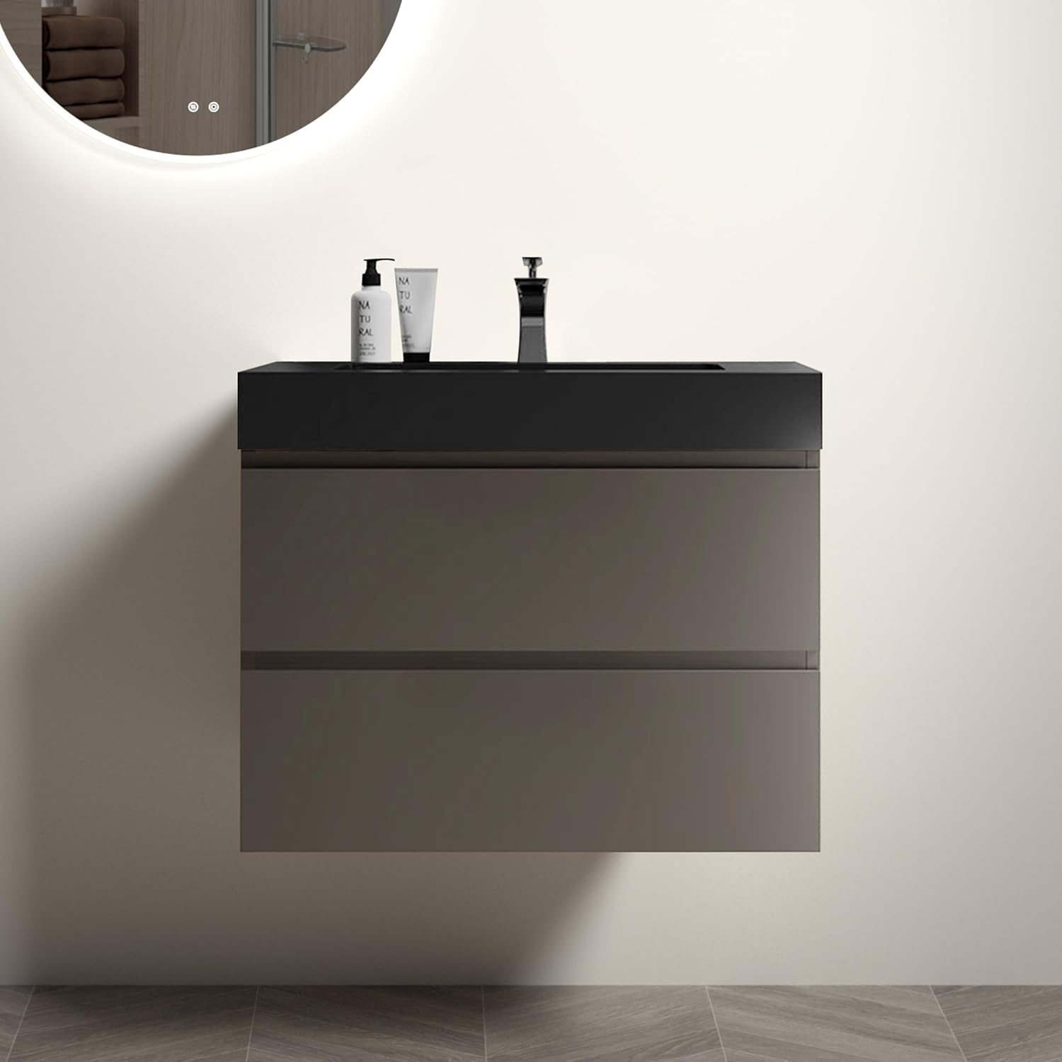 24" Floating Vanity Bathroom Vanity with Sink, 2 Soft Close Drawers Wall Mounted Bathroom Vanity with Black Sink Without Drain and Faucet, Grey