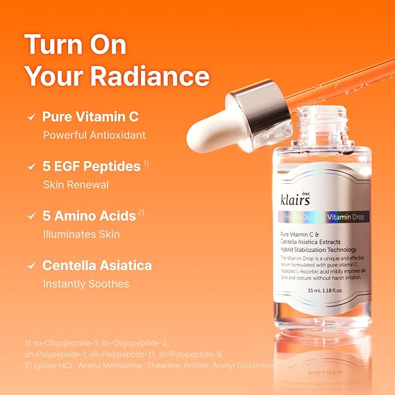 DearKlairs Vitamin C Serum Korean Brightening Daily Serum for Even Skin Tone & Dark Spot Care, EGF Peptides, 5% Pure Vitamin C & Niacinamide, Sensitive Skin-Friendly, 1.18 Fl Oz