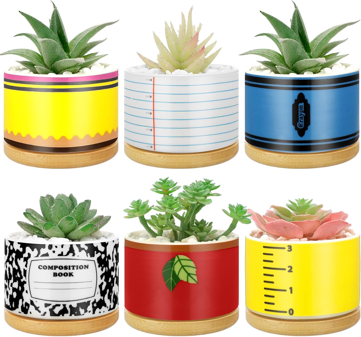 Remerry 6 Pcs Teachers Appreciation Gift Ceramic Succulent Plant Pot with Bamboo Tray Mini Succulent Pots for Teacher Thank You for Helping Me Grow Retirement Birthday Gifts, 3.1 Inch(Plants Excluded)
