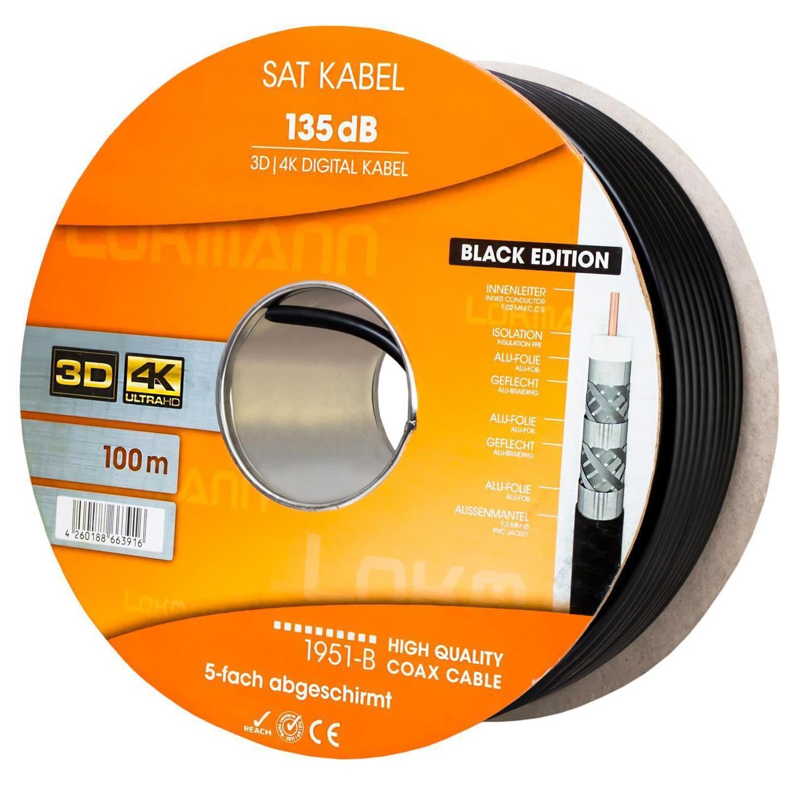 HB-Digital Set 100 m cavo satellitare coassiale 135 db nero + 10 connettori F placcati oro + 1 spelacavi | CCS acciaio rame cavo antenna satellitare 5 schermature per DVB-S/S2 -C/C2 -T/T2 DAB+