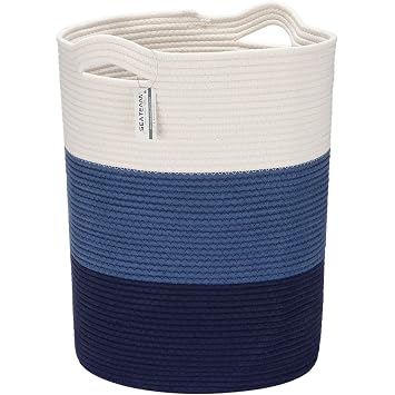 Sea Team Large Size Cotton Rope Woven Storage Basket with Handles, Laundry Hamper, Fabric Bucket, Drum, Clothes Toys Organizer for Kids Room, 20 x 14 inches, Round Open Design, White & Navy