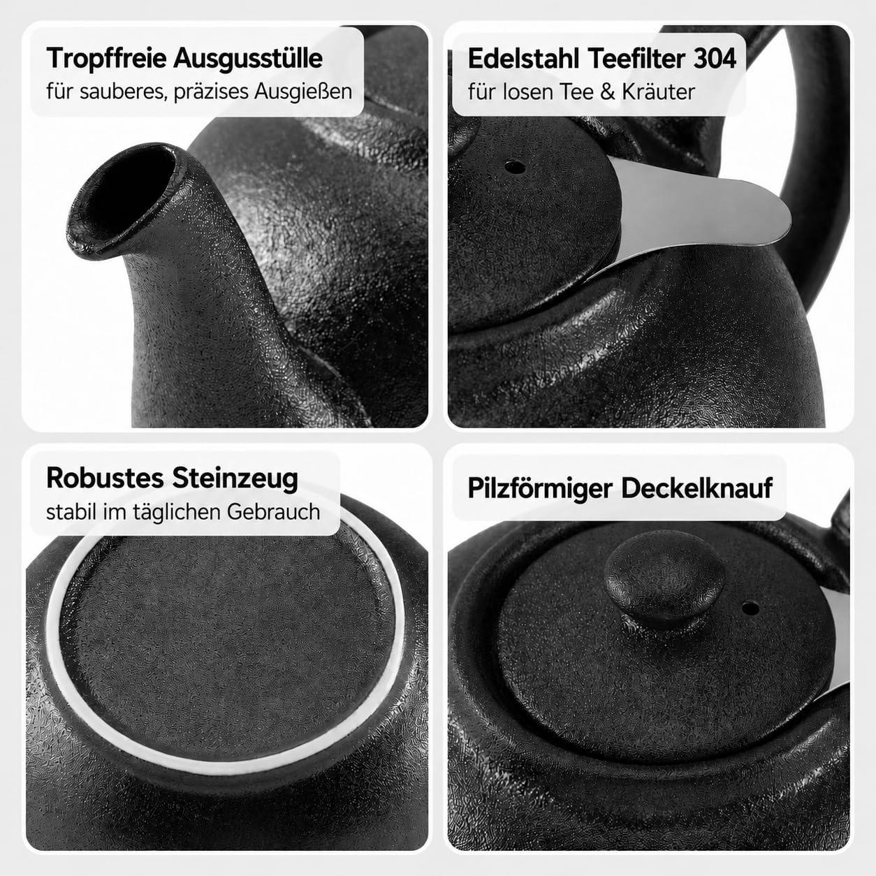 Urban Lifestyle Teekanne mit Siebeinsatz, Keramik Teekanne 1,1 L Schwarz mit Edelstahl Teefilter 304, extra fein, Teapot für losen Tee und Teebeutel, tropffrei, spülmaschinenfest