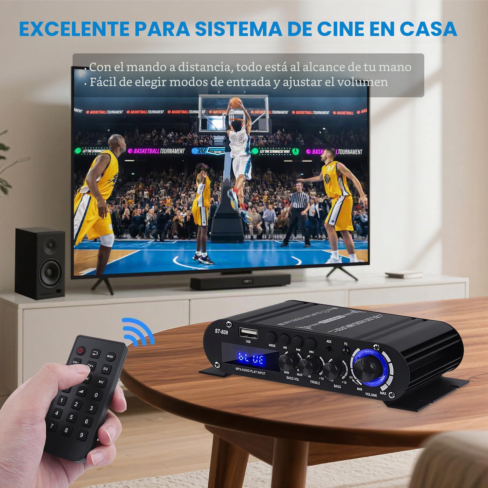 ST-839 amplificador Bluetooth 2.1 canales estéreo amplificadores receptores RMS 25x2 + 40W Max.100W Audio Amplificadores de potencia para el hogar Mini Sub amplificadores con agudos y graves, BT/USB