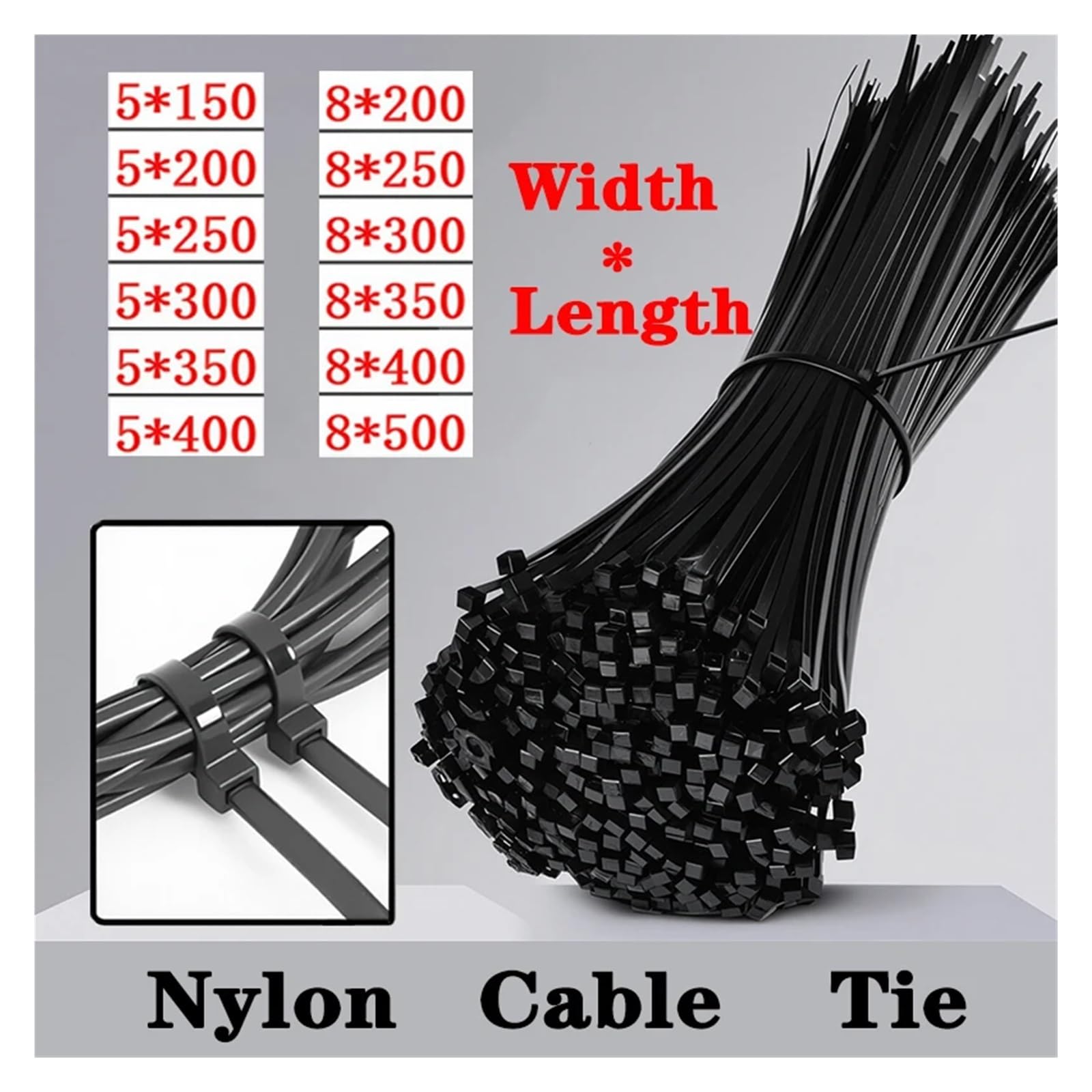 Bridas Plastico Bridas de nailon negras de 250/500 piezas, 5 x 200 mm y 5 x 300 mm, con cierre automático, ideales for organizar cables en casa.(5.2x500mm)