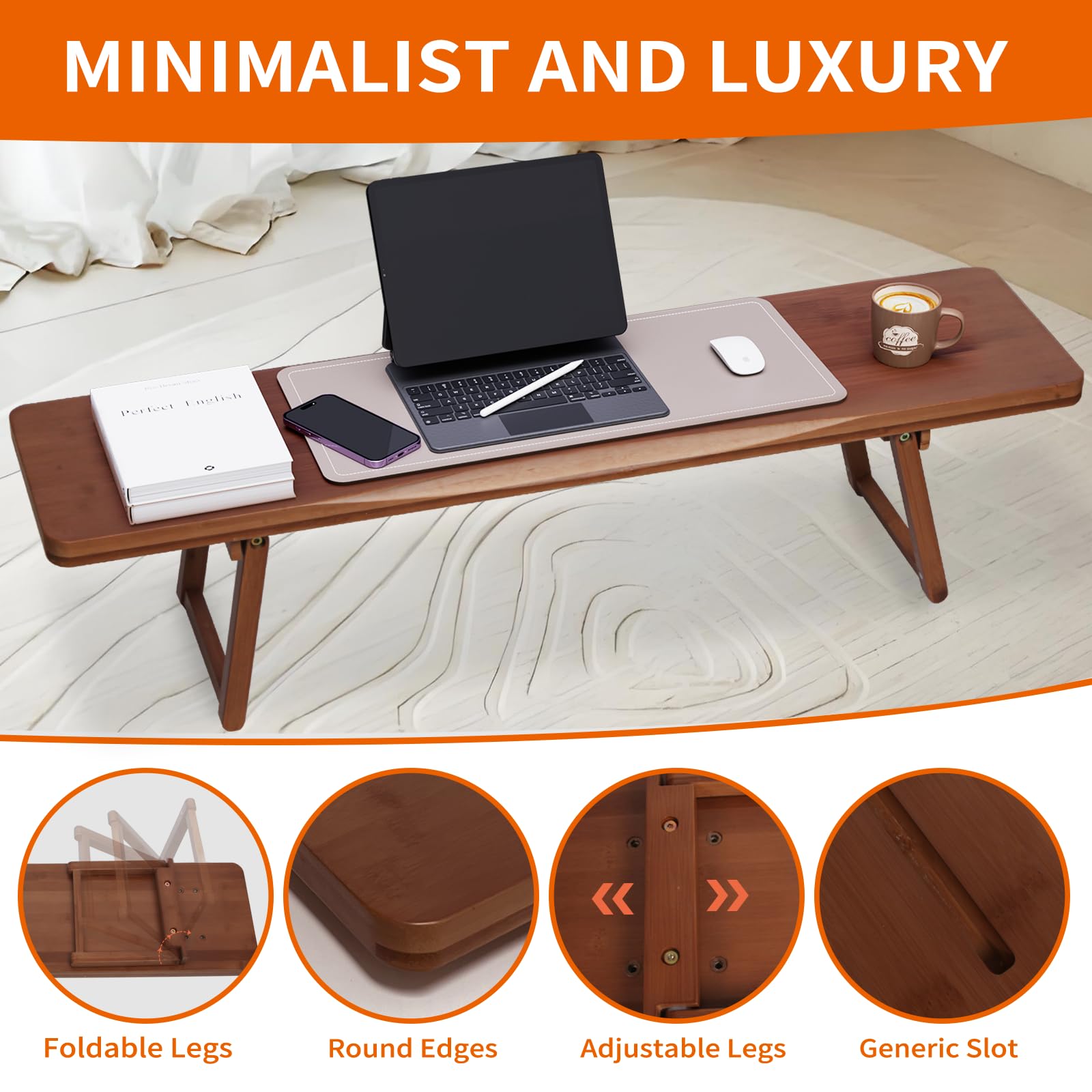 Bandeja para bañera con patas plegables ajustables, tablero grueso de bambú sólido, diseño minimalista, bandeja versátil para cama, sofá y mesa, resistente y duradera