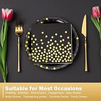 Vista 3 de Platos de papel negro y dorado, paquete de 50 unidades, 25 platos de papel de 7 pulgadas y 25 servilletas de 6.5 pulgadas, platos negros