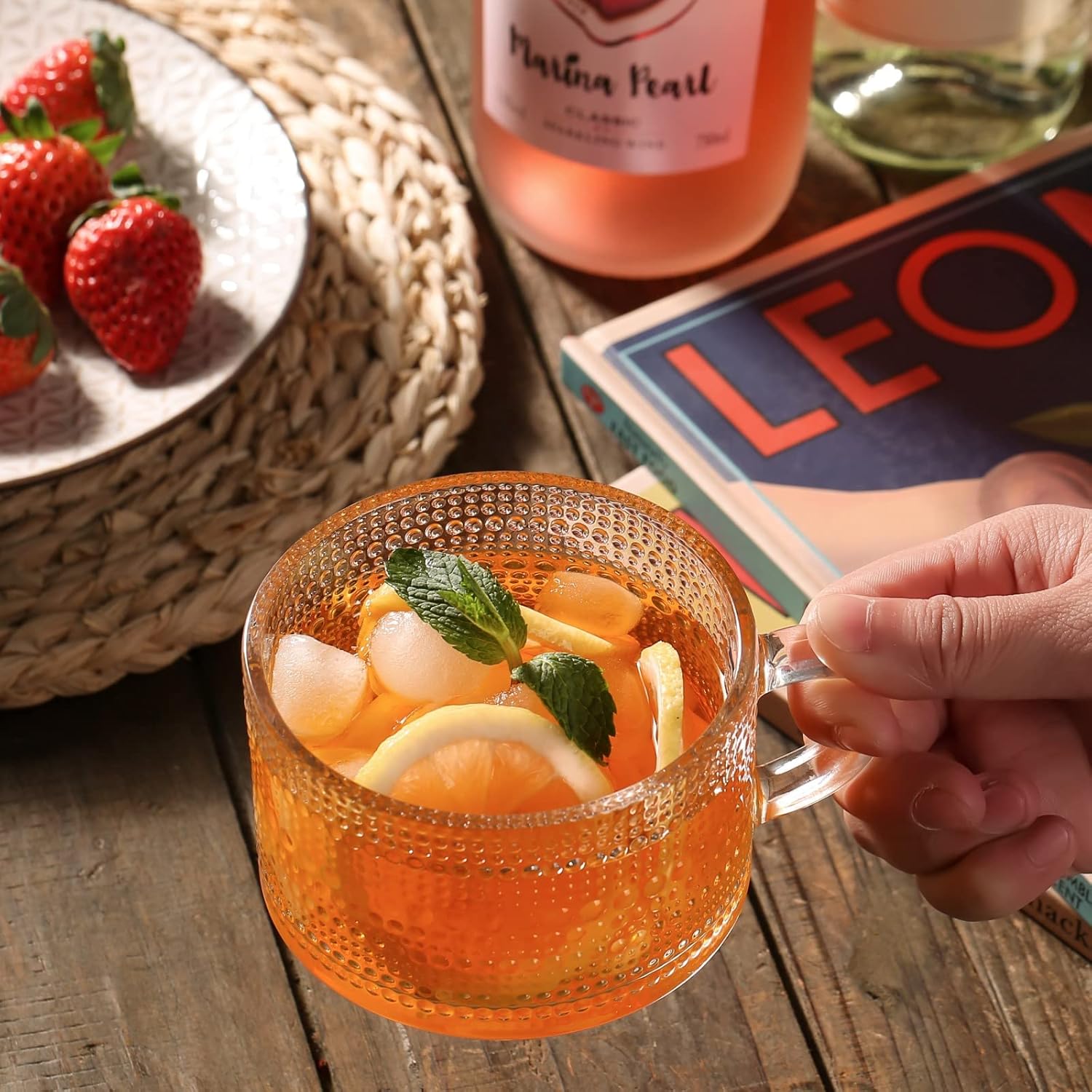 Bandesun Vintage Glass Coffee Mugs Tea Cups, 14 Oz Set of 2 - Stackable Embossed, Glassware with Handle, for Cappuccino, Latte, Cereal, Yogurt, Beverage Hot/Cold, Milk - Image 5