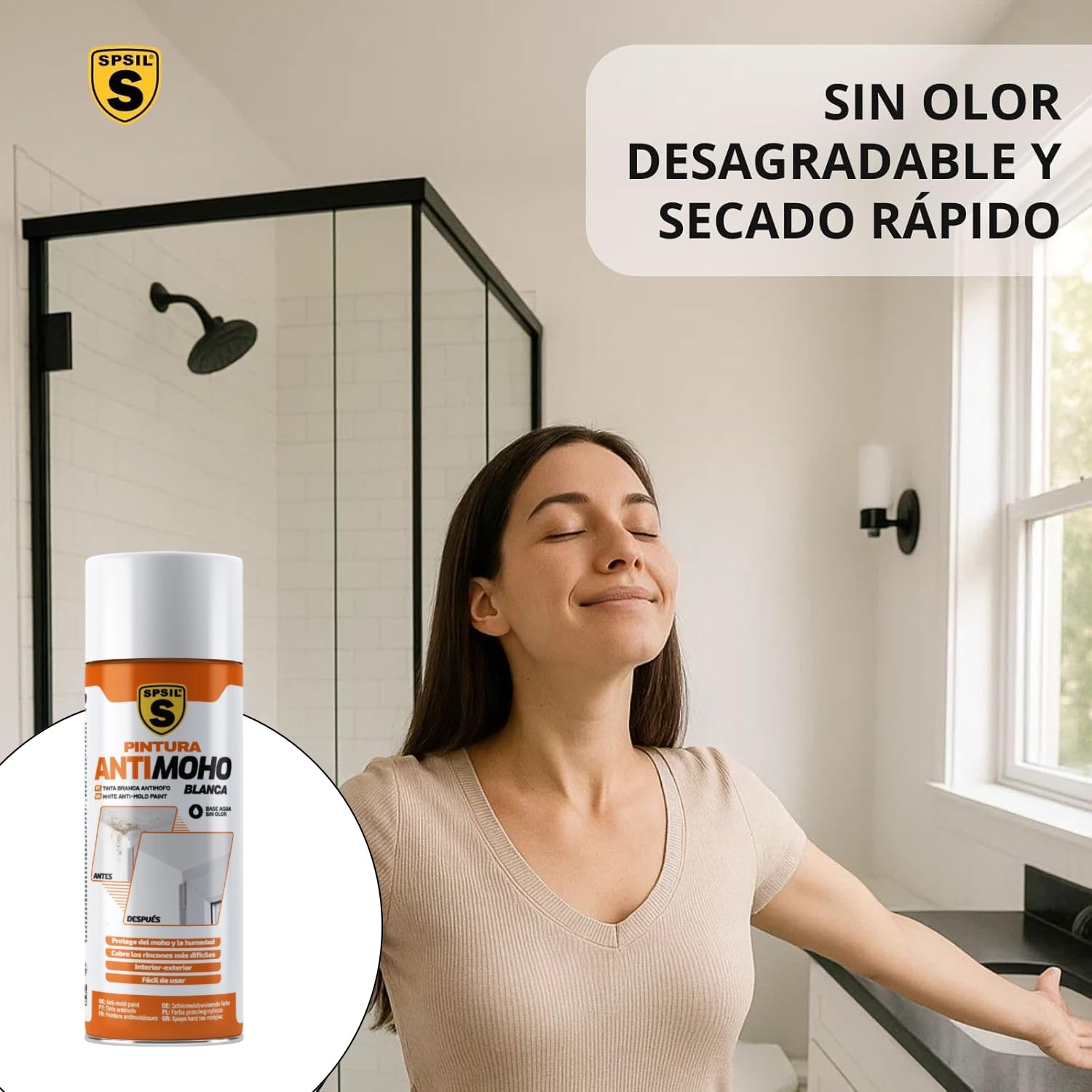 SPSIL Spray Antimoho Pintura Antihumedad Interior y Antimoho en Spray 400ml X 2- Acrílica Blanca de Alta Opacidad, Base Agua Sin Olor - Para Paredes, Techos y Más