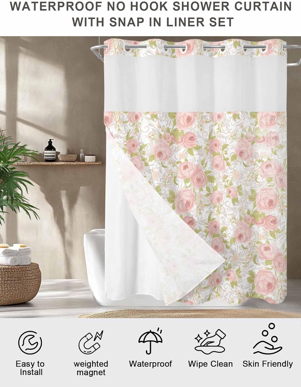 No Hook Shower Curtain, Pink Flowers Long Bathtub Curtains with Snap in Liner, Country Botanical Floral Leaves Romantic Waterproof Washable Fabric Shower Curtain Set, 72" x 84"