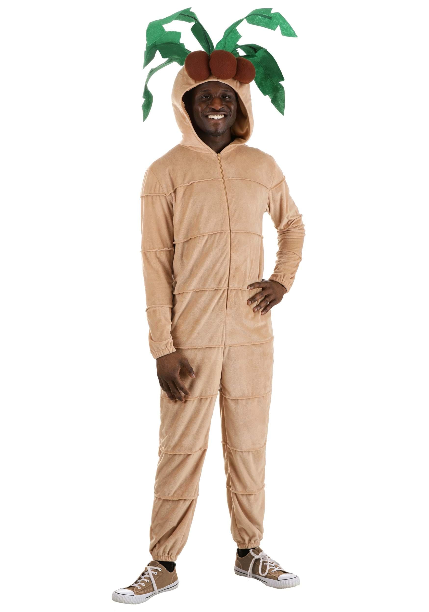 Adult Unisex Palm Tree Costume, Tropical Tree Costume with Plush Coconuts and Leaves, Front Zipper Closure, Beige, Medium
