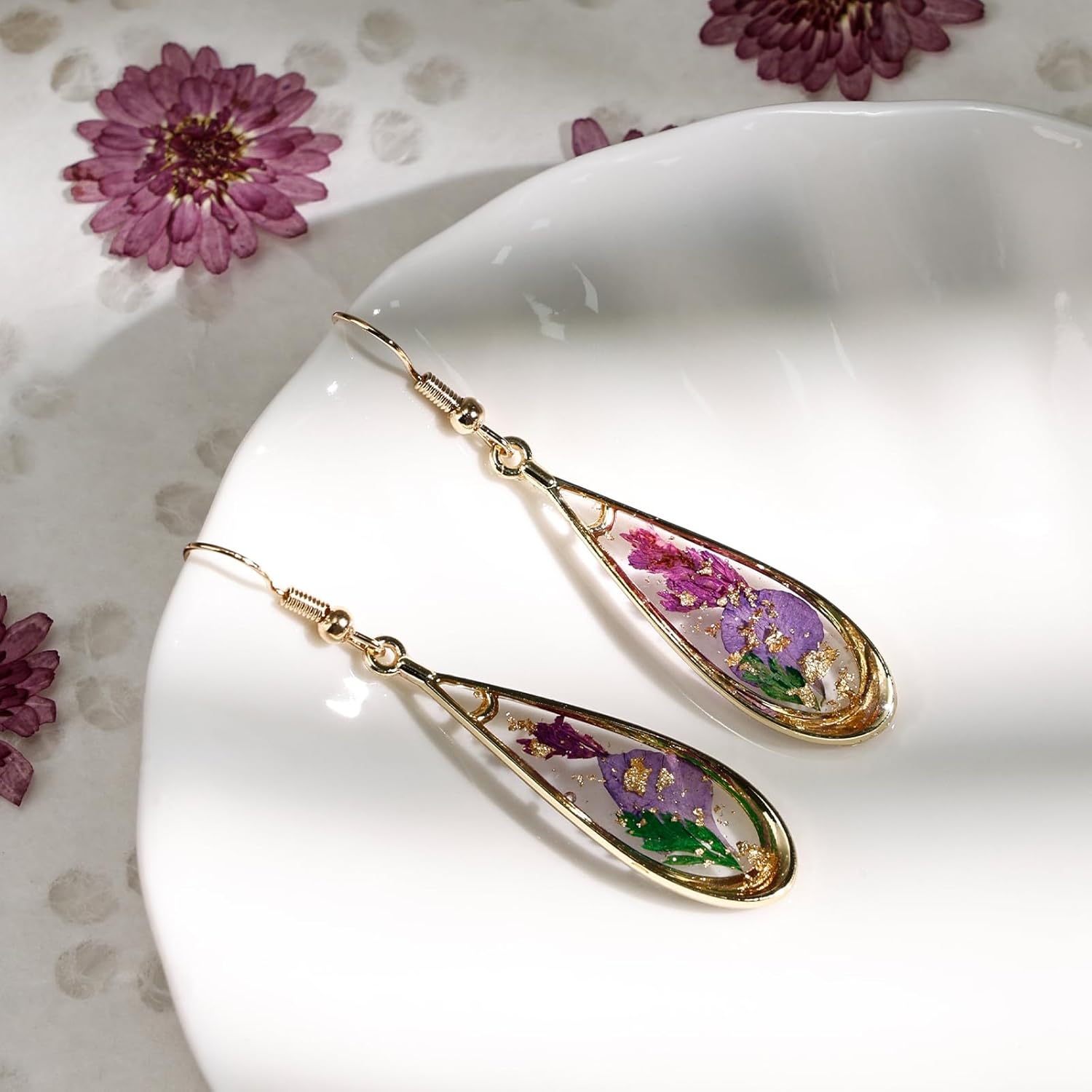 Gold Flower Dangle Drop Earrings for Women, Hypoallergenic Lightweight 18K Gold Plated Earrings, Tear Drop Gold Foil & Dried Flower Summer Earrings Jewelry for Women - Image 6