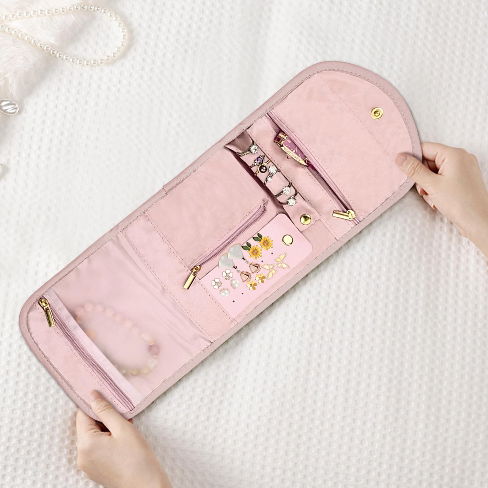 AfitLulu Joyero Mujer Bolsa Organizadora de Joyas, Portátil Joyero Viaje Plegable para Niñas y Mujeres, Bolsa de Almacenamiento de Joyas para Anillos, Pendientes, Collares, Pulseras (Rosa)
