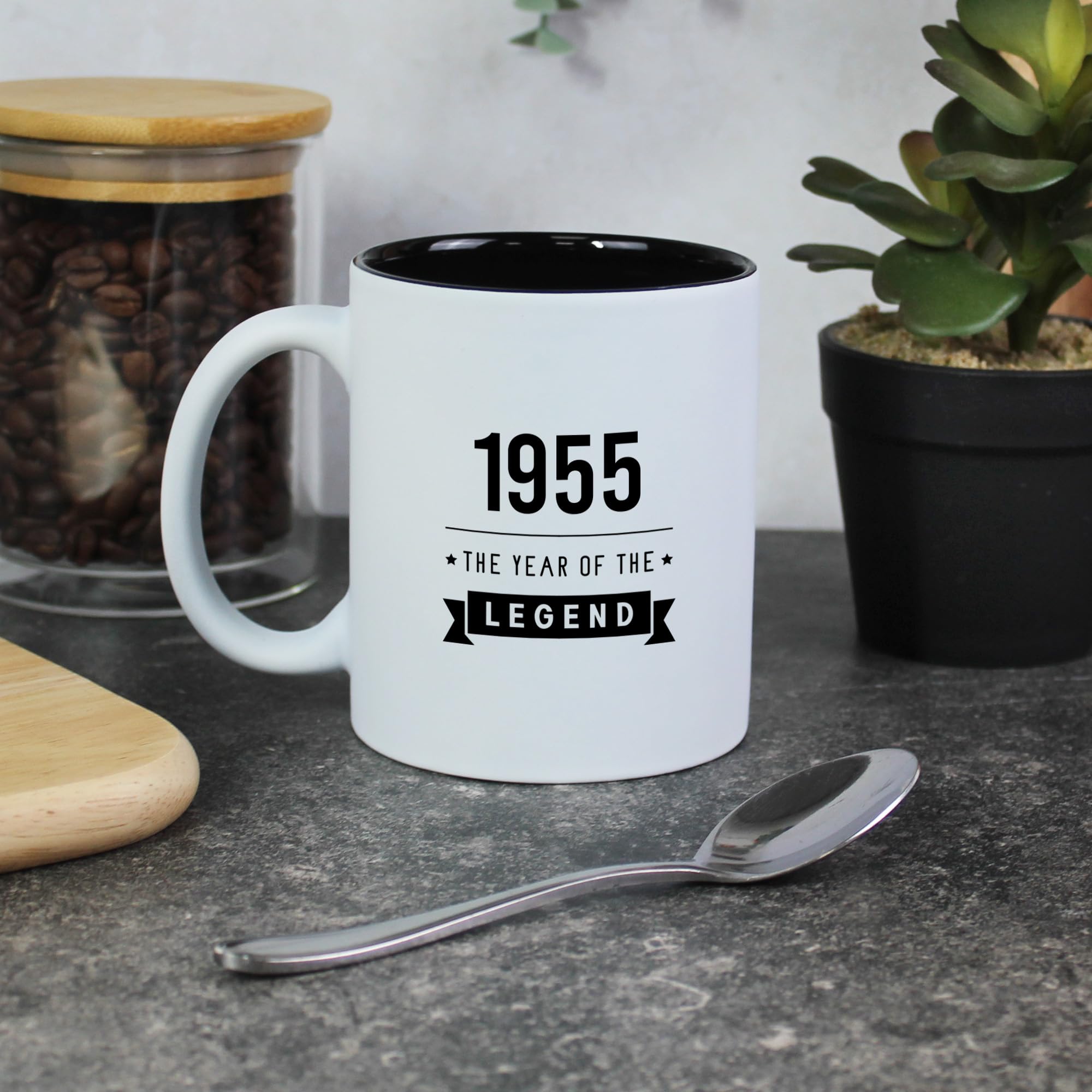 eBuyGB Engraved 1955 Year of The Legend Metallic White Black Coffee Mug, 70th Milestone Birthday Gift for Men, Seventieth Gift for Him, 350 ml